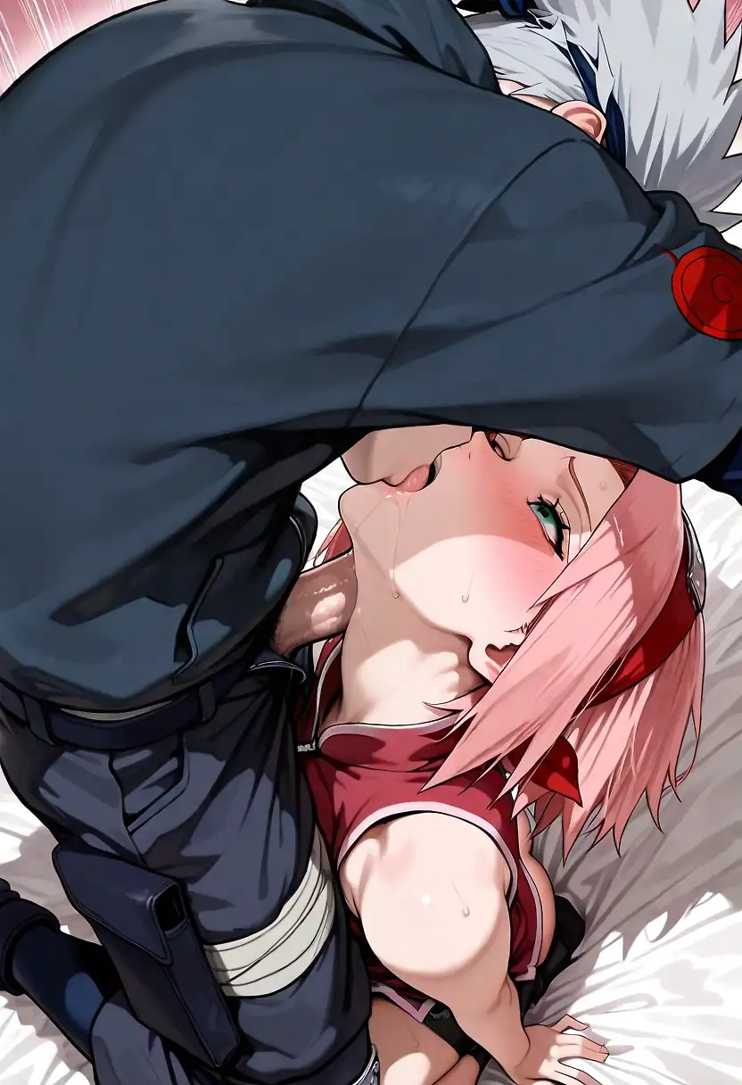 AI art 'Forbidden Pink' with user description 'Sakura Haruno and Kakashi Hatake in a passionate and forbidden relationship. The powerful pink-haired kunoichi and the legendary silver-haired Copy Ninja finally give in to their long-hidden desires.'