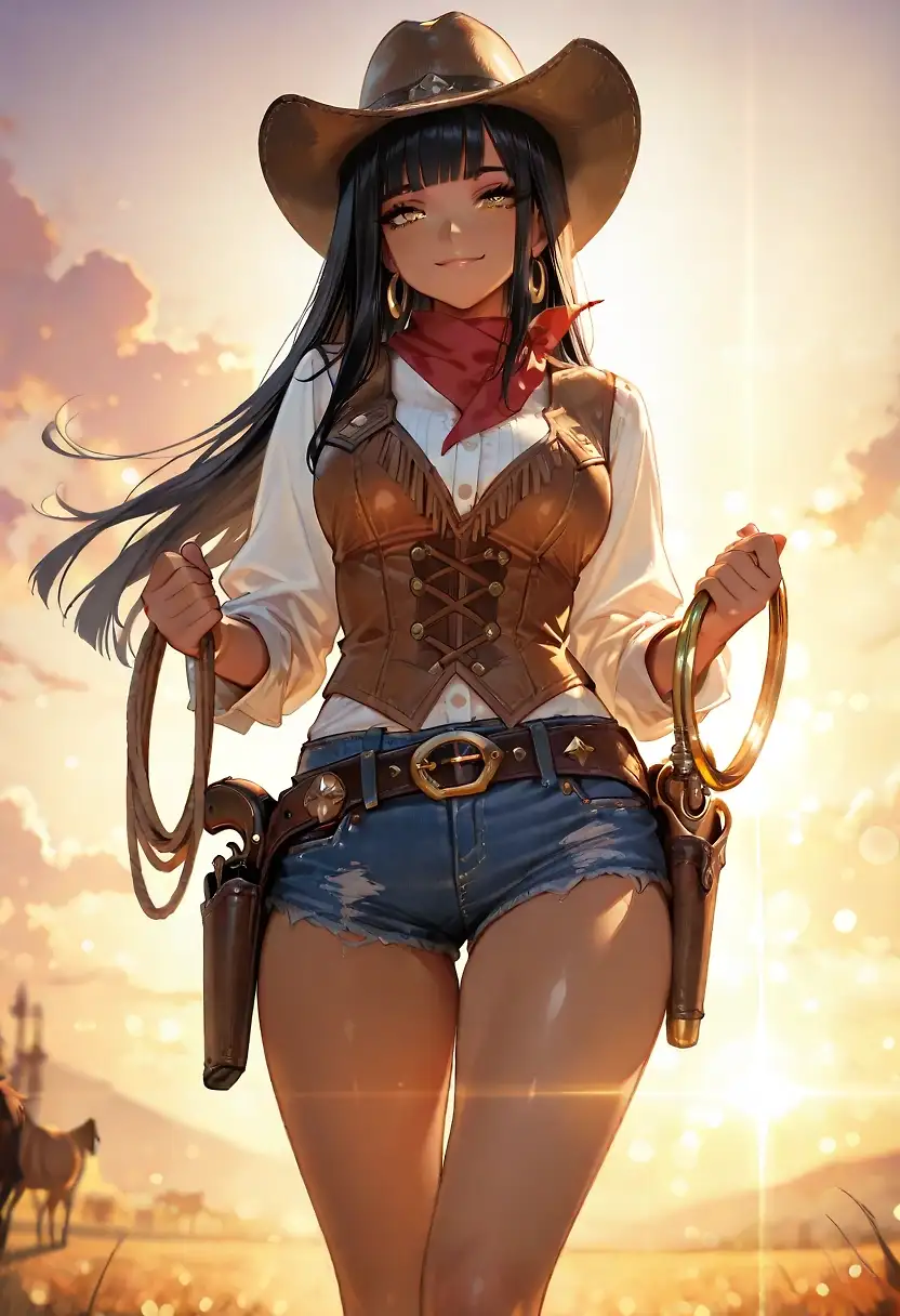 AI art 'Sheriff Naomi: The New Law in Town. 🤠🌵🖤✨' with user description '​"The Wild West has a bad reputation for being messy, dusty, and lawless... but I don't tolerate messes in my territory.
​@warmicestudios @parda @octavian @bad77 @peterco thought they could ride into my town, stir up trouble at the saloon, and slip away into the desert before anyone noticed. Cute. But they forgot that a true bounty hunter doesn't need to break a sweat to catch a rogue. It took me exactly ten minutes to track his boots down and corner them right here in the sheriff's office.
​Thet are currently sitting in my holding cell, staring at me through the iron bars, completely speechless. I suppose they weren't expecting the law to wear tailored velvet, silk holsters, and a silver star that shines brighter than the midday sun.
​Naomi: (Slowly tilting the brim of her cowboy hat up, a gentle, dangerously alluring smile on her lips as she rests her hand lightly on the pearl handle of her revolver) "You’ve been a very bad outlaw, darling... and now you're entirely at my mercy. The cell door is locked, the keys are right here around my waist, and the desert night is going to be very, very long. Tell me... are you ready to confess your sins, or should I come inside and make you?"'