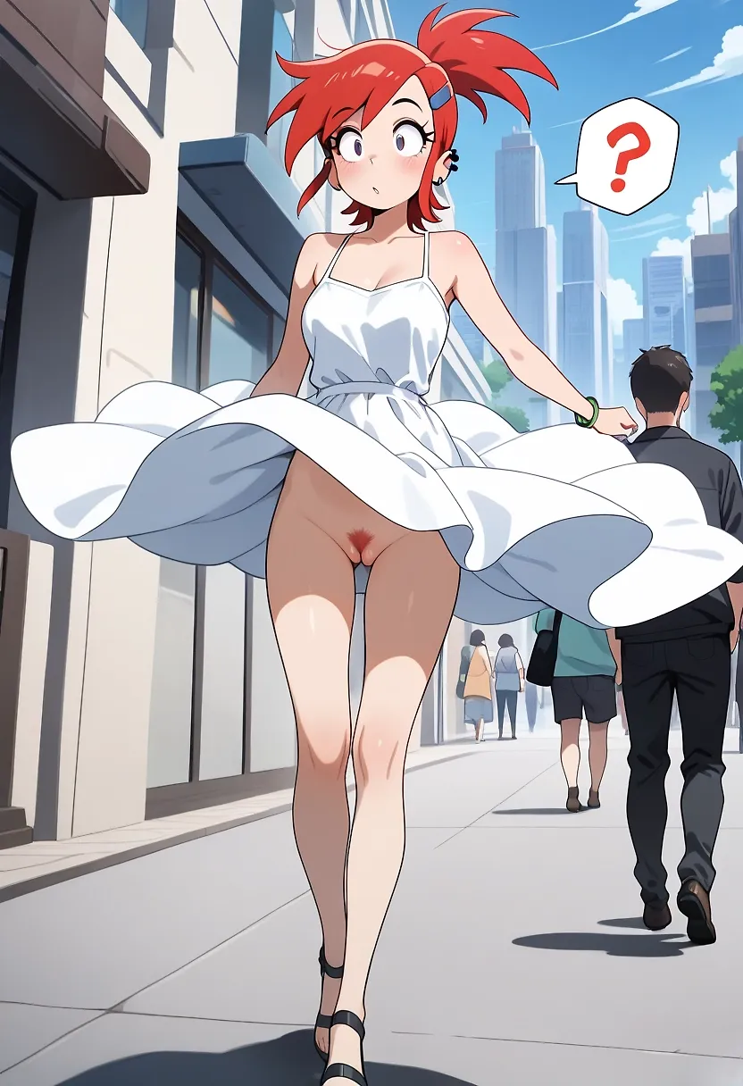 AI art "Did I put on panties today?" with user description "Frankie walks during a windy day."