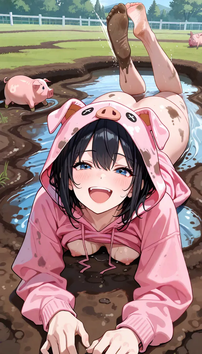 AI art "Pig Farm IV" with user description "The girl who likes pigs... is a pig 🐷😏"