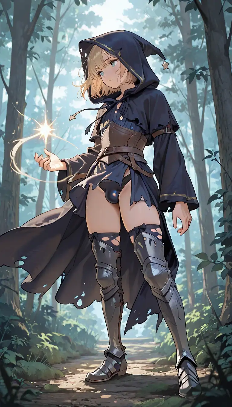 AI art 'Forest Encounter for Witchy Beepy' with user description 'Beepy the witch goes out to the misty wood for much needed spell practice. He soon feels a presence looming over him. Oh no! It's a Darkrobe Wizard! A dark magician who wields a great staff of superior proportions. Beepy does all he can and it still isn't enough, leaving the young witch drained of mana and filled with Darkrobe essence.'