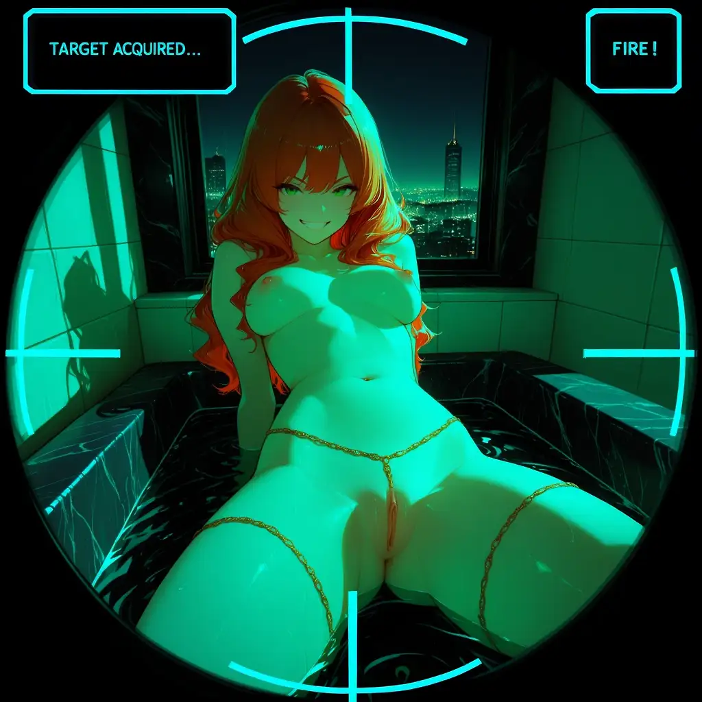 AI art 'Night Vision: Cum(Shot)! 🟢💦' with user description 'My contribution to the Night Vision Challenge by @a_casual_prompter

The mission sounded simple: locate the target, lock the scope and take the shot.

Unfortunately, the sniper interpreted “cum shot” a little differently. 😏

Five targets.
Five direct hits. 😏💦

@peterco @warmicestudios @gildenstein @heihund @parda @terror2 @ririfake @poly7 @artfx85 @barry915'
