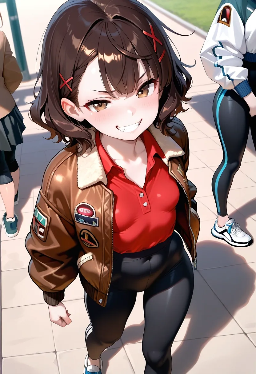 AI art "Mitsue Tamaki: Tomboy OC" with user description "Ever meet a girl who felt more like "a bro who happens to be female?"
Meet Mitsue Tamaki:
Age 22
Birthday May 15
Likes: Fitness, video games, fast cars, masculine men, kinky sex acts, being called "cute", cosplaying
Dislikes: Being called "one of the guys", loud music, greasy food/cheap fast food
Wears:
Red collared shirts, bomber jacket owned by her grandfather, yoga pants or skinny jeans. Sometimes a tracksuit.
Character info:
Short wavy hair, X hair ornaments. It's not really long enough to tie back.
Brown tsurime eyes.
Grins a LOT.
Best friend is "Tadarashi Nonoka" (Not introduced yet)
Loves to be spanked, bitten, tied up, etc. She's very kinky.
Strictly hetero.
Larger than average areolae
Pale skin, but she does go outside. (APPLY THAT SUN LOTION)"