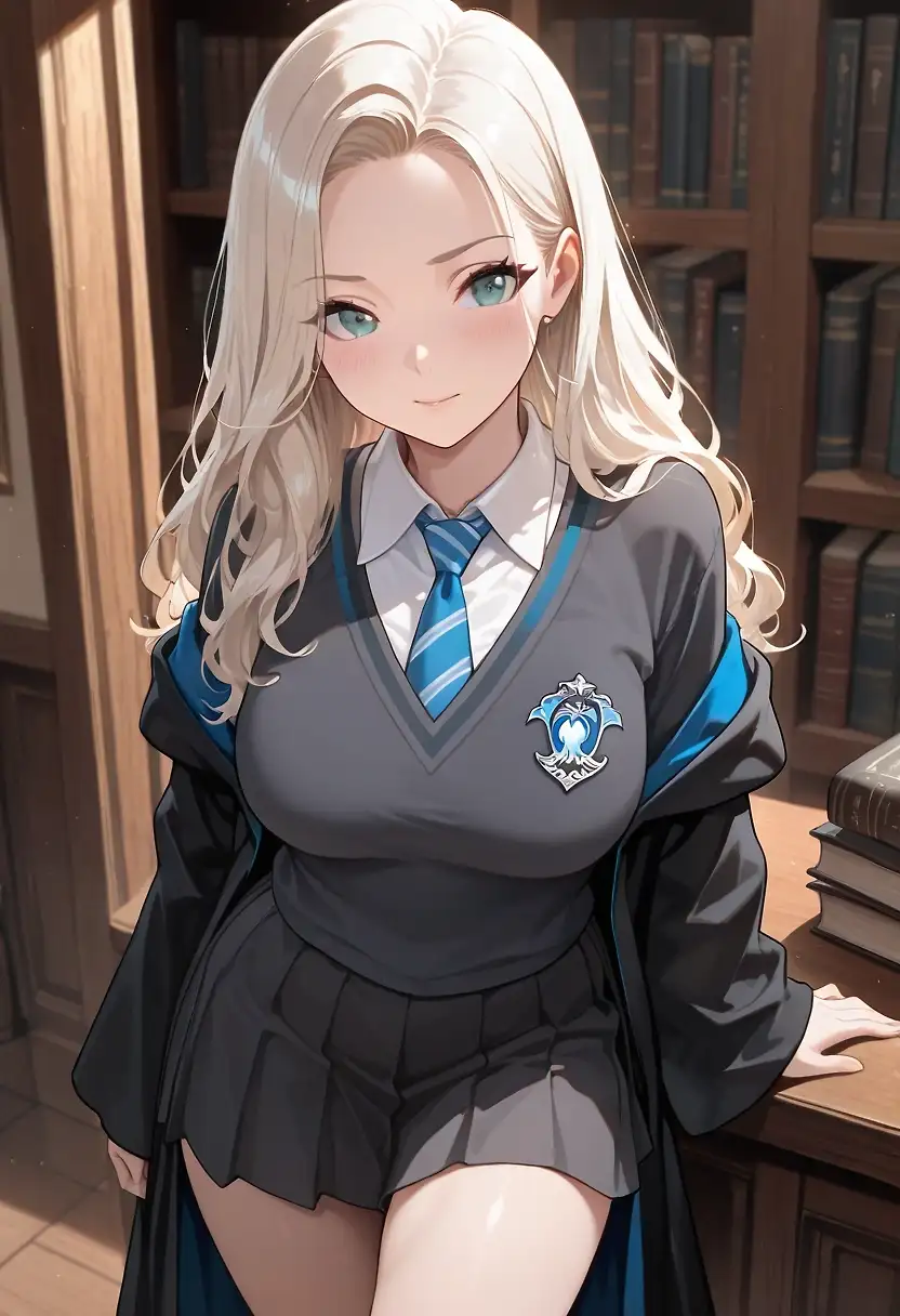 AI art 'Luna Lovegood of Ravenclaw' with user description 'Luna Lovegood of Ravenclaw (placed in Ravenclaw by the Sorting Hat, thanks to Luna's wit and creativity) is regarded by some Hogwarts students as being strange because of her beliefs regarding magic. Luna's "strangeness" leads to her being nicknamed "Loony Lovegood." Luna and her father, Xenophilius, believe Harry's claims that Voldemort has returned. Luna, as part of Dumbledore's Army, practices defensive spellcasting and participates in the battle with Death Eaters at the Ministry of Magic. Though not romantically involved with Harry, Luna is a good friend.'