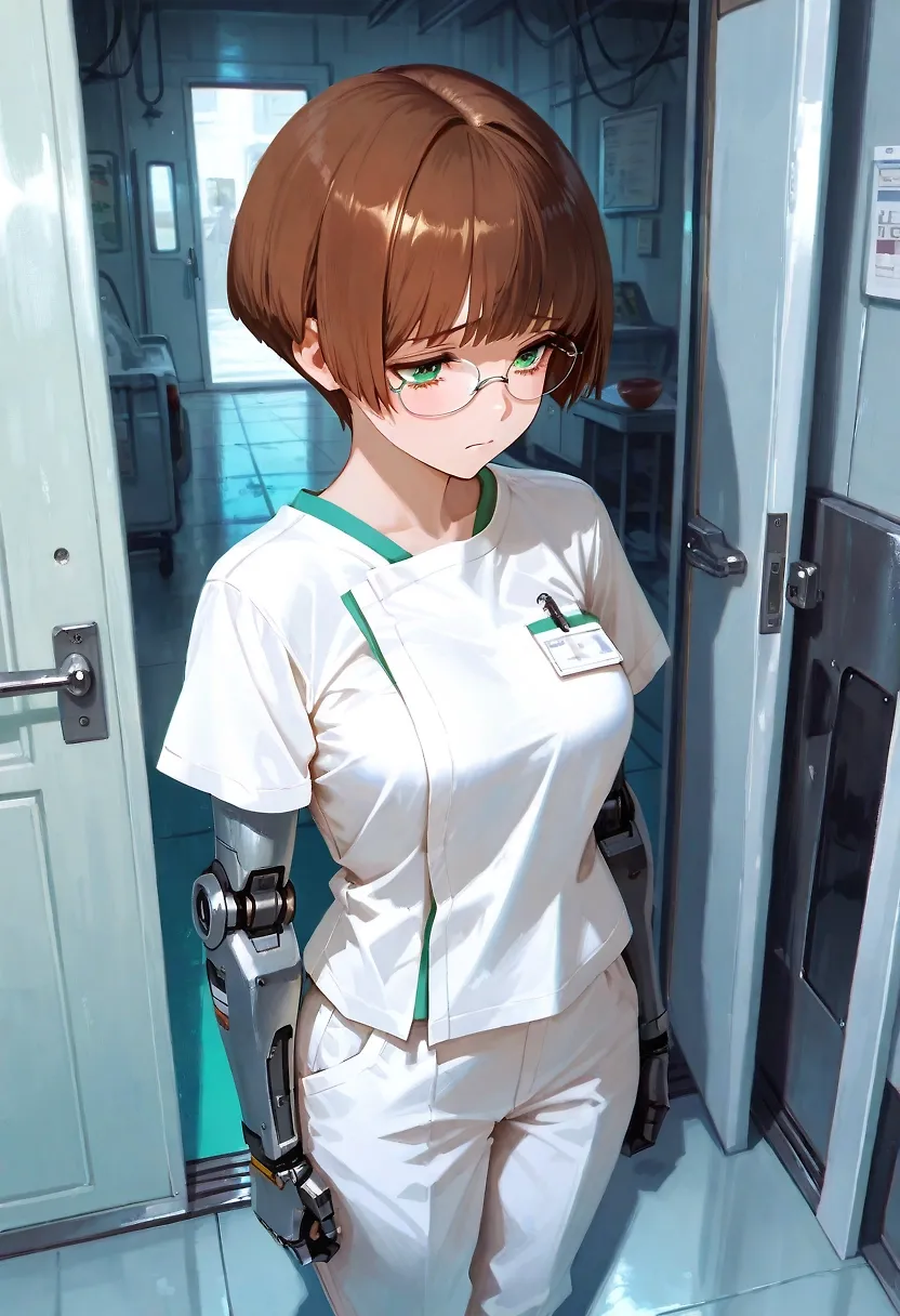 AI art "Cyberpunk Hanas Backstory Part 2" with user description "Nurse: Poor Girl... i know exactly what she gone through...
A heardbrecking scream is breaking the silence, even a closed door cannot reduce the noise level.
Nurse: I'll get the doctor, I hope she doesn't hurt herself.
Sometime later.
Doctor: Akiko your nurse was worried as you screamed, she though you could hurt yourself Hana. I know it happend much in the last hours and trauma like yours, it's not something you can just brush off.
Hana: Why did you not spoke with me... before...
I look at my arms and my body begins immediately to tremble.
Doctor: I wish we could... your elbows and forearms where complettly shattered so...
Hana: Who made this decision for me?
Doctor: It was Ryu.
Hana: Ryu? Where is he now?
Doctor: He is not here right now, he said he had to take care of something. He brought some clothes of change for you. You should take a shower change your cloth, you're still wearing the clothes you were admitted with. If you need help Hana call for Akiko she will help you.
The docter went to leave the my room.
Doctor: Oh there is one more thing, please talk to Akiko about your trauma, she can help you.
And so he left and i'm alone again... Ryu why are you not here, what could be that importened?
I've to clear my mind, i decide to follow the doctor's advice and take a shower. I smell of cold sweat and I have dirt and traces of blood on me everywhere. Slowly i take of my cloth, i still don't feeling for my new arms. I step into the shower, take my panties and glasses off, then i trun on the shower. The warm water is like balm for my soul. I stand motionless for several minutes, letting the water run down my body. Then I wash myself and turn off the shower. On the way out i grab a towel and dry me off. The cloth that Ryu has brought are lying on my bed, i start to dress me up with a blue hoodie, black capri pants and a last my glasses. I don't bother doing my hair. My body feels so weak, Iidecide to lie down for a short while. Ryu where are you, i need you so badly right now... And before I knew it, I had fallen asleep."