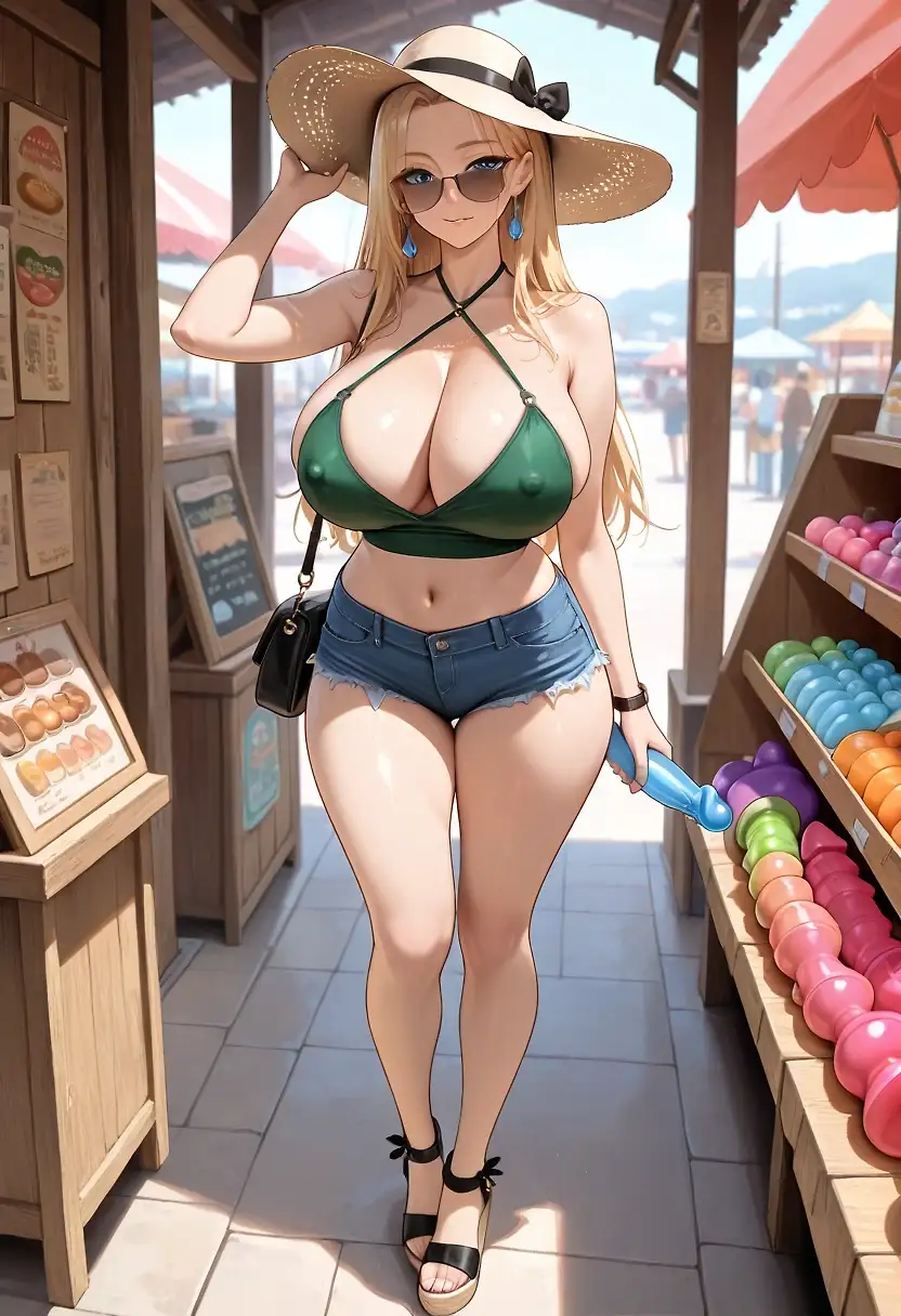 AI art 'Shopping at the Weekend Market' with user description 'Louise, an attractive milf, likes to visit the Weekend Market and see what the various vendors are offering. Louise has a particular vendor in mind: Paula's Pleasure Place. Louise wants a new sex toy to add to her collection, and she has her eye on a sturdy-looking blue dildo. Sex toy in hand, Louise heads for the check-out stand.'