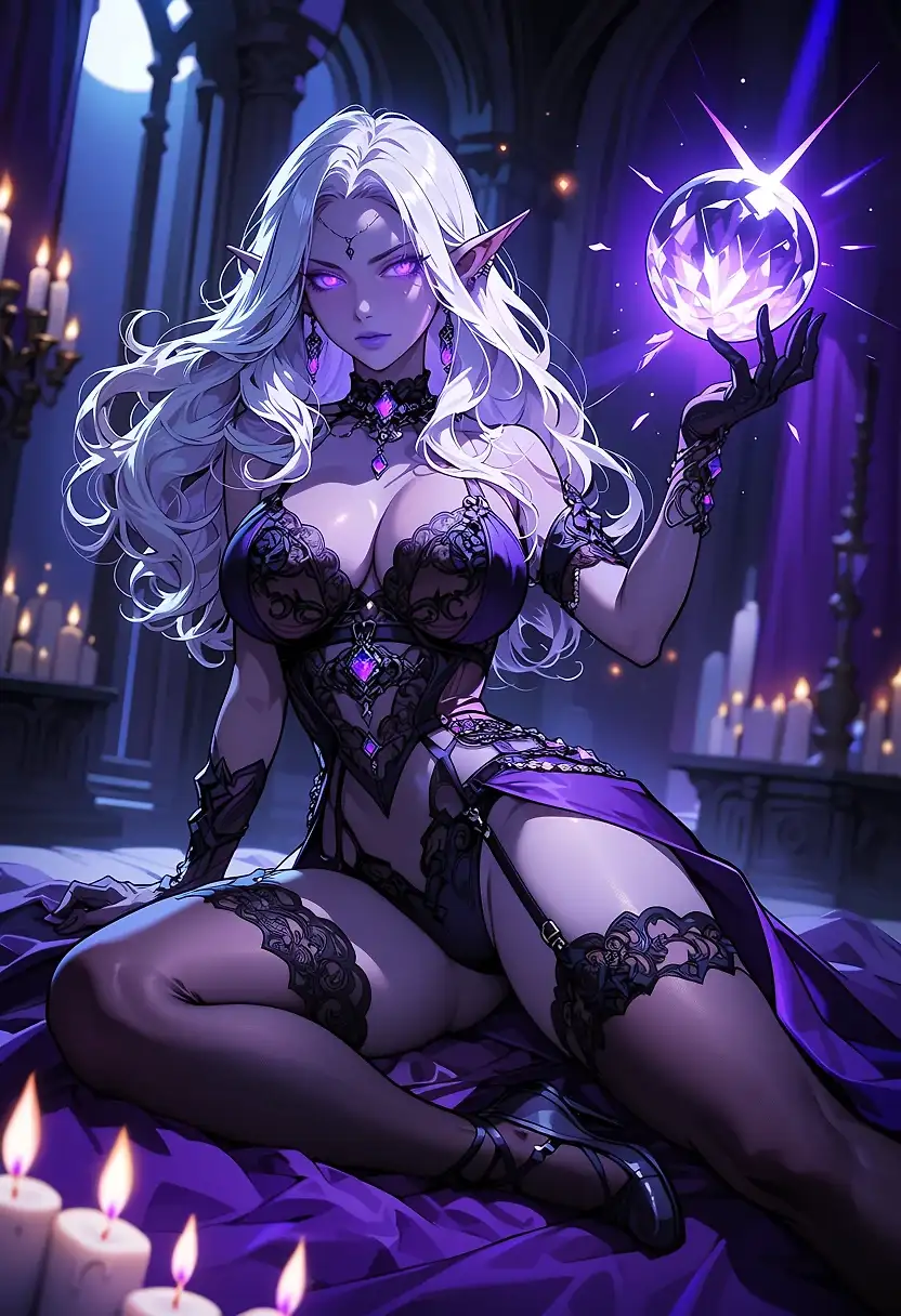 AI art 'Dark Elf holding crystal ball' with user description 'Moonlight poured through the towering windows of the dark elf's chamber, painting the room in silver and blue.

She sat upon the floor beside a circular arrangement of ancient runes, her posture graceful and composed. Velvet cushions surrounded her, though she seemed perfectly comfortable upon the polished stone itself.

Cradled within her hands was a flawless crystal sphere.

The gem glowed softly from within, swirling with violet mist and drifting sparks of arcane light. Reflections danced across her crimson eyes as she studied its depths.

The crystal was ancient.

Older than kingdoms.

Older than memory.

And tonight, it whispered.

The dark elf tilted the orb slightly, watching distant visions form beneath its surface. Fleeting images appeared and vanished like dreams—a forgotten city beneath the sea, a dragon soaring through storm clouds, a forgotten crown hidden deep within a mountain.

A faint smile touched her lips.

Knowledge was a treasure far more valuable than gold.

The fire crackled nearby, casting warm light across the chamber. Combined with the moonlight, the effect was mesmerizing. Shadows swayed gently along the walls, framing her like a living portrait.

She brushed her fingers across the crystal's smooth surface.

Immediately, the sphere brightened.

Tiny stars ignited within its depths.

The room seemed to hold its breath.

Outside, the kingdom slept.

Inside, ancient magic stirred.

The dark elf lowered her gaze, studying the countless lights suspended within the orb. To an outsider, she might have appeared mysterious, even enchanting—alone in her private sanctuary, surrounded by moonlight, secrets, and power.

Yet her focus remained entirely upon the crystal.

Some sought influence through armies.

Others through wealth.

She preferred understanding.

Every mystery solved revealed another waiting beyond it.

Every answer uncovered a deeper question.

The sphere's glow reflected in her eyes as she leaned forward slightly, captivated by the wonders unfolding within its depths.

For hours she remained there in peaceful silence.

A solitary figure surrounded by magic and starlight.

A scholar.

A sorceress.

A dark elf queen chasing secrets hidden among the stars.'