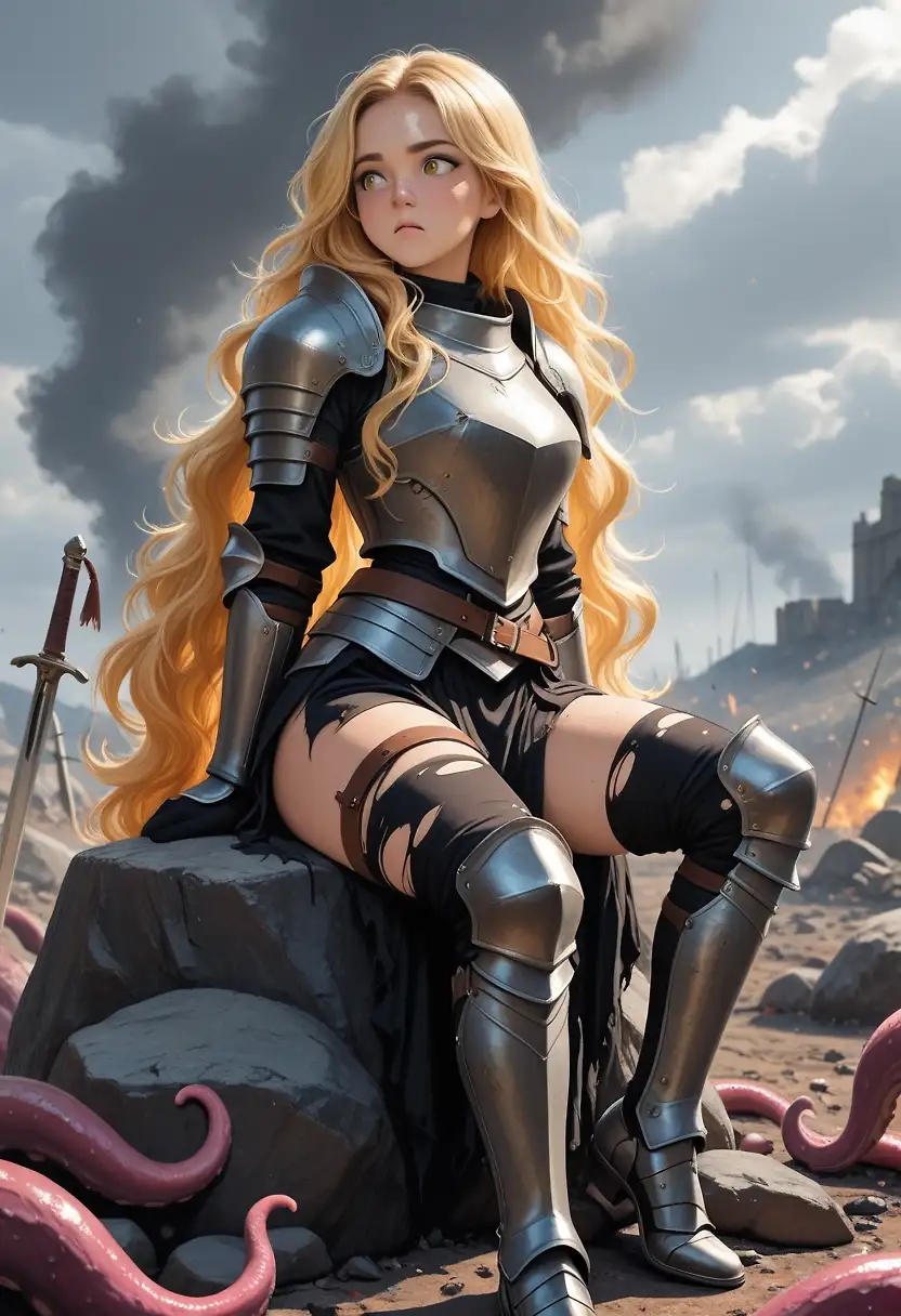 AI art 'Knightress Joanne in a tentacle pit' with user description 'After a hard fought battle, Joanne stayed momentarily to reflect. Unbeknownst to her, the dangers hadn't disappeared. She would soon be brought into a tentacle breeding pit. Her absence would be noticed quickly, however her savior wasn't fast enough. She would forever be changed.'
