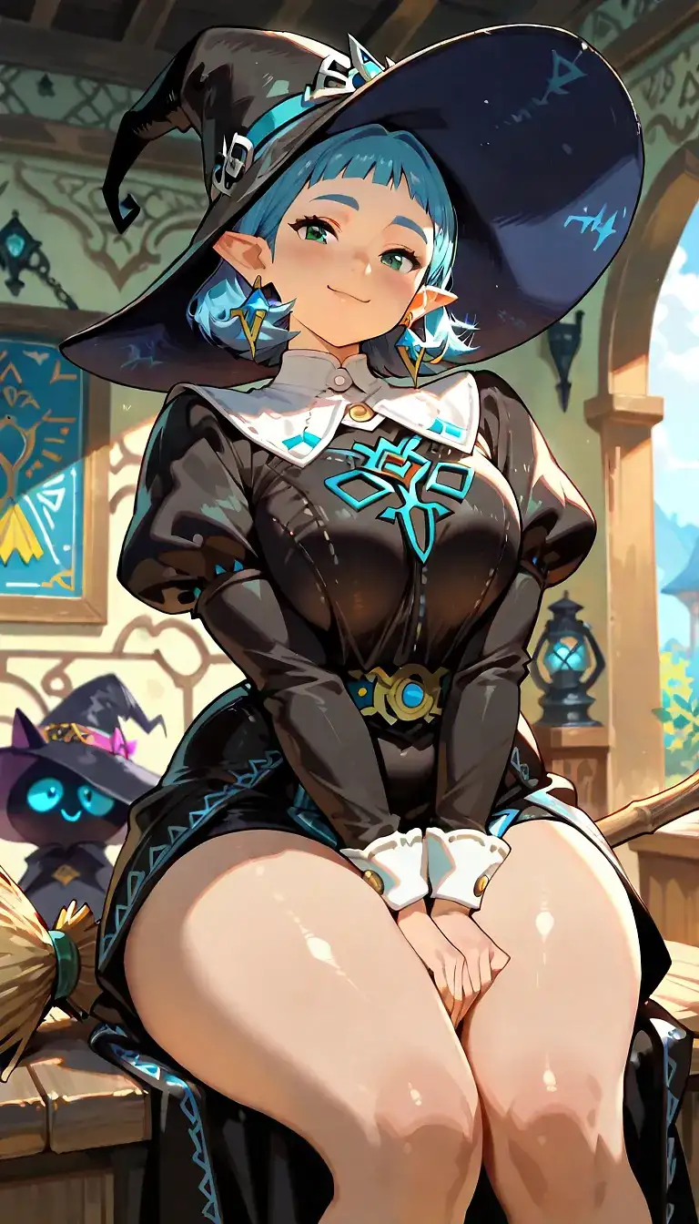 AI art 'Cute Witch' for prompt: 'Irene_(zelda), Irene_(zelda)pb1, witch, blue_hair, pointy_ears, earrings, witch_hat, black_dress, thick_thighs, chubby, breasts_squeezed_together, broom, cute_smile, looking_at_viewer, elaborate_background, dressed, detailed_background, bright, masterpiece'