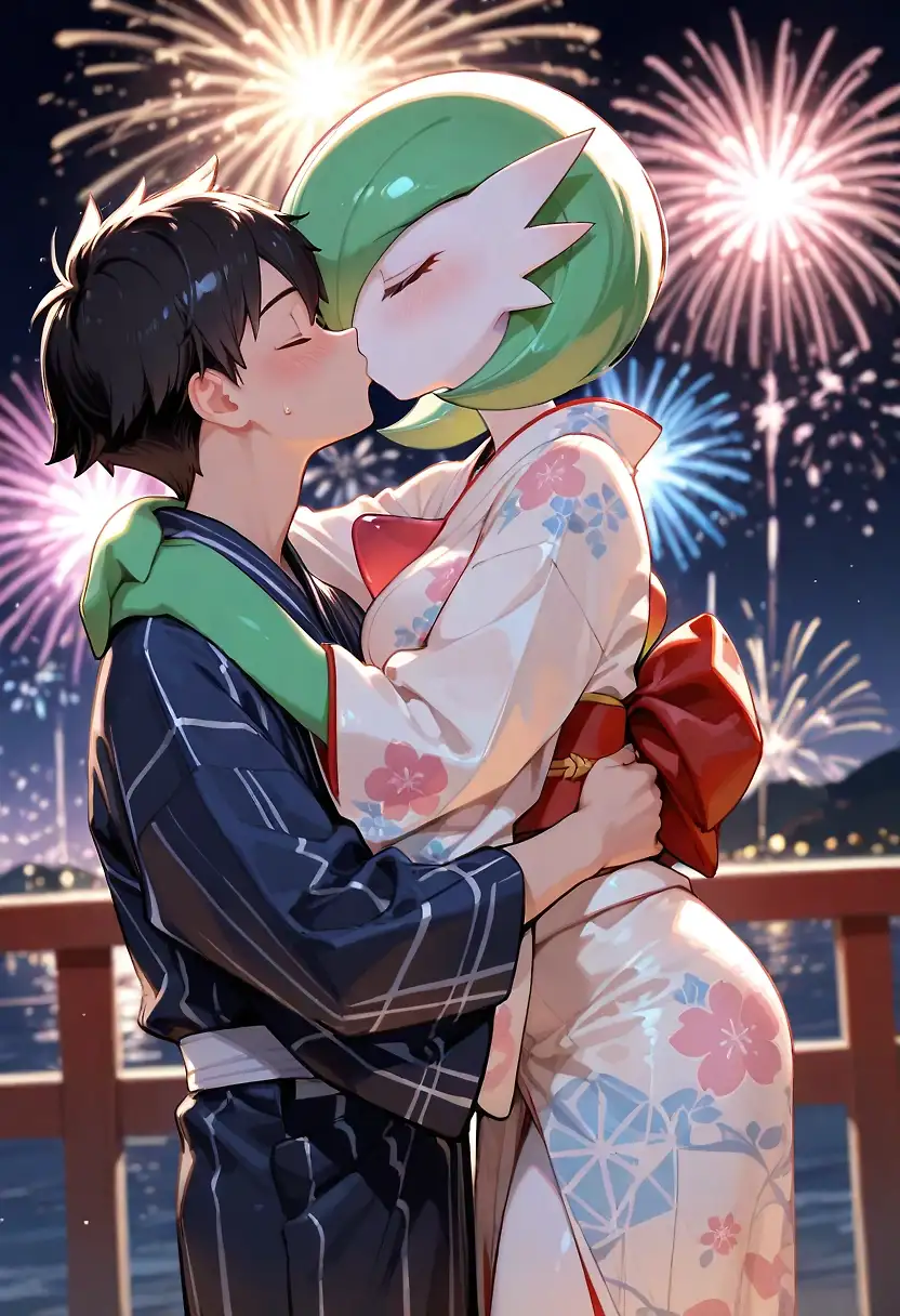 AI art 'Gardevoir’s embrace' with user description 'After a long day of enjoying the festival, Gardevoir and her trainer retire to their room for a night of love and celebration'