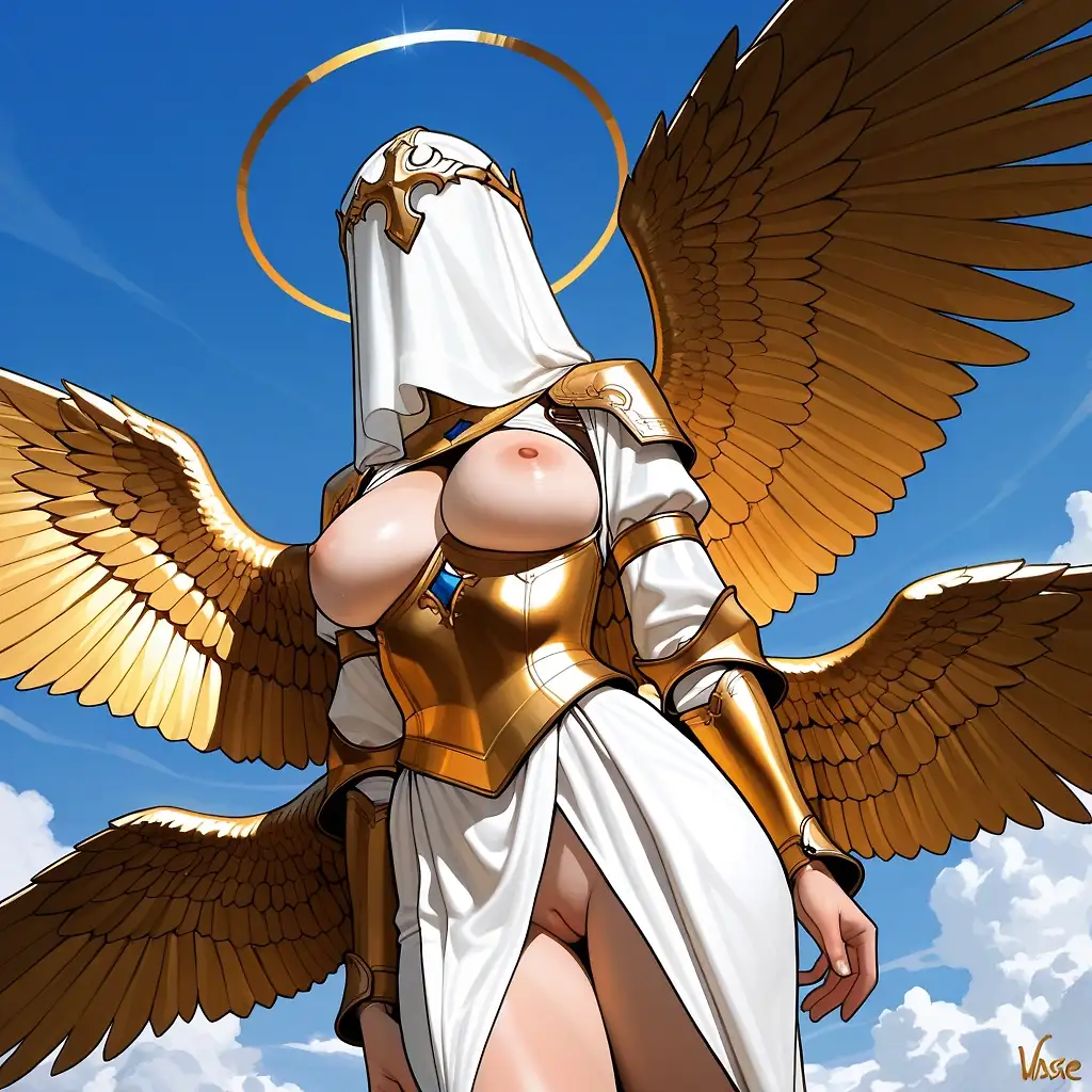 AI art 'The Archangel of Passion - The Captain's Quest - Part II' with user description 'Part 1: https://betterwaifu.com/post/gbc7gab

After a week of marching the Captain and his small army that set out in the quest to bring back Lady Maria, had arrived in the capital of the country, a big thriving city. Here they would need to visit the Grand Cathedral, known as the Temple of Passion, to attain an anointed Holy Symbol of the Archangel of Passion, that would work as a conduit for the ritual to open the gateway that would connect to the world Lady Maria ended up to. Maria and her dear friend, the Captain, as well as  their men and women working for them, have been disciples of this faith dedicated to the Archangel of Passion, one of the primary patron deities of their world. In the Temple they would need to converse with the High Priestess, explain the situation and persuade her to give the anointed symbol.

And so they entered the Cathedral, bowing in reverence and praying, before meeting the High Priestess, a woman with covered, veiled face and uncovered breasts. The Captain knelt before her and started explaining what have happened in detail. The Priestess heard him and they talked a bit about how this was an issue all over, people falling into portals, ending who knows where, all because of this abomination, the Psionic Horror, that lied in a far away continent. She explained to the Captain and his men, who were there kneeling as well, that to anoint a Holy Symbol of the Archangel of Passion, they would need to do two things.

 The first would be a physical act of passion, to give all their love and sperm to the High Priestess's body. The second would be a spiritual thing. Before, during and after the sexual ritual, they would be measured by the divine essence of the Archangel, permeating  within the temple, whether their love and dedication to Lady Maria was true. Did they truly care for her, did they love her or where they simply driven by simplistic craving of flesh?  Was there true passion or only carnal desire? To succeed in the anointment they would need to be true.

They all remained silent, contemplating the Priestess words. But there was no hesitation, they loved Maria and they knew that she loved them, each and every one of her men and women, that have spent day after day, for years, enjoying each others body and desires. The Captain focused every thought and feeling he had for Maria and he felt his dick getting hard. He took the High Priestess first thrusting as hard as he could while moaning and whispering Maria's name. After he finished the men took turns as well, all 100+ of them. 
They all had passionate orgasms, each of them thinking that it was Maria they were fucking and not the veiled Priestess, while she was letting out extremely loud sensual moans. Surprisingly the High Priestess was showing no fatigue at all, despite getting pounded non stop by the men. While everyone was finished, she stood up, cum on her breasts and dripping from her pussy and ass. She looked at all of them, who after being done were kneeling before her and the altar and said: "You have been measured by the Passion of her Light."

Put this song on YT on repeat for better experience before continuing reading! https://www.youtube.com/watch?v=mOxXX1OTUP0

They all felt a pull within their body, within their soul. The earth trembled, the temple was shaking and they fell face down on the temple's floor and when they looked up again, the Priestess was not there. Instead something otherworldly  transpired: The temple's ceiling, the walls, they were all gone! Clear blue sky and clouds were above and the bright sun. Through the clouds a golden form, with 4 wings descended, radiating blinding light. The men all on their knees, screamed in both pleasure and agony seeing her visage. "THE SUN! THE SUN!" Tears flowing from their eyes they looked at the Archangel of Passion floating above them. There was no voice from her, only a powerful warm feeling washing over all of them. They felt love and determination. The Archangel descended further down and went over the Captain, embracing him tightly. The Captain felt strong emotions within him but also a reassuring thought.

"Your feelings are truthful. You will succeed. You will smite the darkness and bring back your love. My Light will guide you. Go forth, my Knight of Passion."

The Captain looked up at her with respect but before he could say or think anything else a flash of blinding light washed over everyone, knocking them down. When they stood up everything was back to normal, the Priestess was back again and bowed to them. As they all stood up they felt power surging through them. The priestess presented to the Captain a golden symbol carved with a heart with 4 wings, 2 on each side, telling him that they had what they needed to continue their quest. 

The Captain, his eyes having a radiant golden glow, held tight the symbol, thinking about Maria. They would move out the next morning, for the next task. 

They now had the blessings of the Archangel of Passion.'