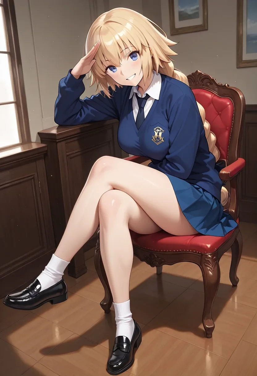 AI art "Jeanne d'Arc - Salute" with user description "Jeanne d'Arc in St. Gloriana's school uniform (Girls und Panzer)"