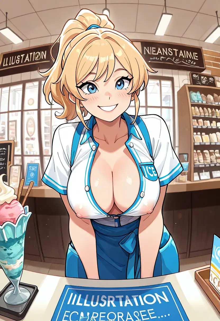 AI art 'Two Scoops, Please' with user description 'When the temperature climbs, so does the desire for a cold, tasty treat. And the town's Barkley-Chambers ice cream shop gets a whole lot of business. I stopped by the shop last week and saw an excellent reason to get an ice cream cone. A very attractive girl was manning the counter, all smiles as she took customers' orders and gave them their purchases. When it was my turn, the girl, whose name tag identified her as Sally, smiled and said, "Welcome to Barkley-Chambers. What can I get you?" Sally's uniform was a bit distracting, with her ample cleavage on display.  However, I focused my attention on her eyes and said, "Two scoops of vanilla with sprinkles, please."'
