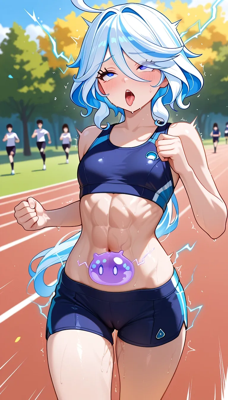 Furina jogging with her pet slime