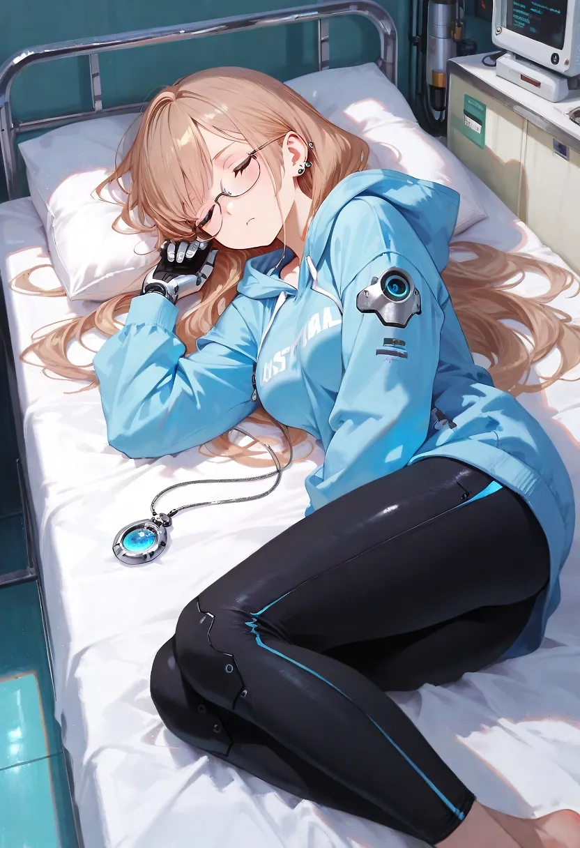 AI art "Cyberpunk Hana Backstory Part 3" with user description "Am I still sleeping?  It's so dark not a dream, no sounds, no light, just darkness and pain.  Pain where there shouldn't be, my arms hurt so much.

???: Hana, it's time for you to wake up again.

Who is calling for me? This voice, I've heard it heard it somewhere before. I'm so tired...

???: Hana, wake up!

This time there is more emphasis in the voice, and force me to open my eyes, even if it is difficult.

Nurse: Good morning sleepyhead, nice to have you awake again. You slept through 2 days, how are you? 
Hana: Not very well.
Nurse: Yes, I see that, you fell asleep with wet hair, that doesn't look good. Come on, sit up, I'll take care of it. Oh yes, I haven't introduced myself to you yet, my name is Akiko.

She stands in front of my bed and smiles at me as she takes a comb from the bedside table. Something in her compassionate tone makes me realize that she won't allow any contradiction. I force myself to get up and sit down on the chair she points to. Akiko wasn't that the name nurse with whom the doctor said I should talk about my trauma? My arms, they hurt again, how can that be?

Akiko: Slow down, your body is still very weak, please sit down.

Slowly she starts to comb my hair and untangle it again.

Akiko: You know, when I heard your scream the day before yesterday, I was afraid that you could do something to yourself. I'm just glad that wasn't the case.

She skillfully ties my hair into braids.

Akiko: Done! Tell me, how do you get along with your prostheses?
Hana: Not so good... I know that may sound strange now and know that it can't be, but...
Akiko: They hurt, don't they? 

I'm confused how can she... She comes out from behind my back and goes to bedside table, she puts the comb down. I only now notice that she no longer has real arms, she has the same prostheses as me.

Akiko: I can tell from your facial expression that you noticed them. It's called phantom pain Hana, your body hasn't realized that your arms are no longer there. It will get better with time. I'll give you a painkiller that will help you.
She takes a syringe and begins to draw up the painkiller. Somehow she seems to be very insecure and suddenly seems very pale. 

Hana: Is there something wrong with Akiko?
Akiko: I... I don't like injections... neither when I get one myself, nor when I have to give it to a patient.
Hana: Are you serious?

It bursts out of me and she notices for herself how absurd it is. She takes all her courage and gives me the injection.

Akiko: I know you have a lot of questions, but let's take it slow. Try to recover a bit until the painkillers work, and only someone with a strong will could smile again now. I'll check on you again later, Hana.

She gives me a smile, turns around and leaves the room. I smiled? I didn't notice that at all."