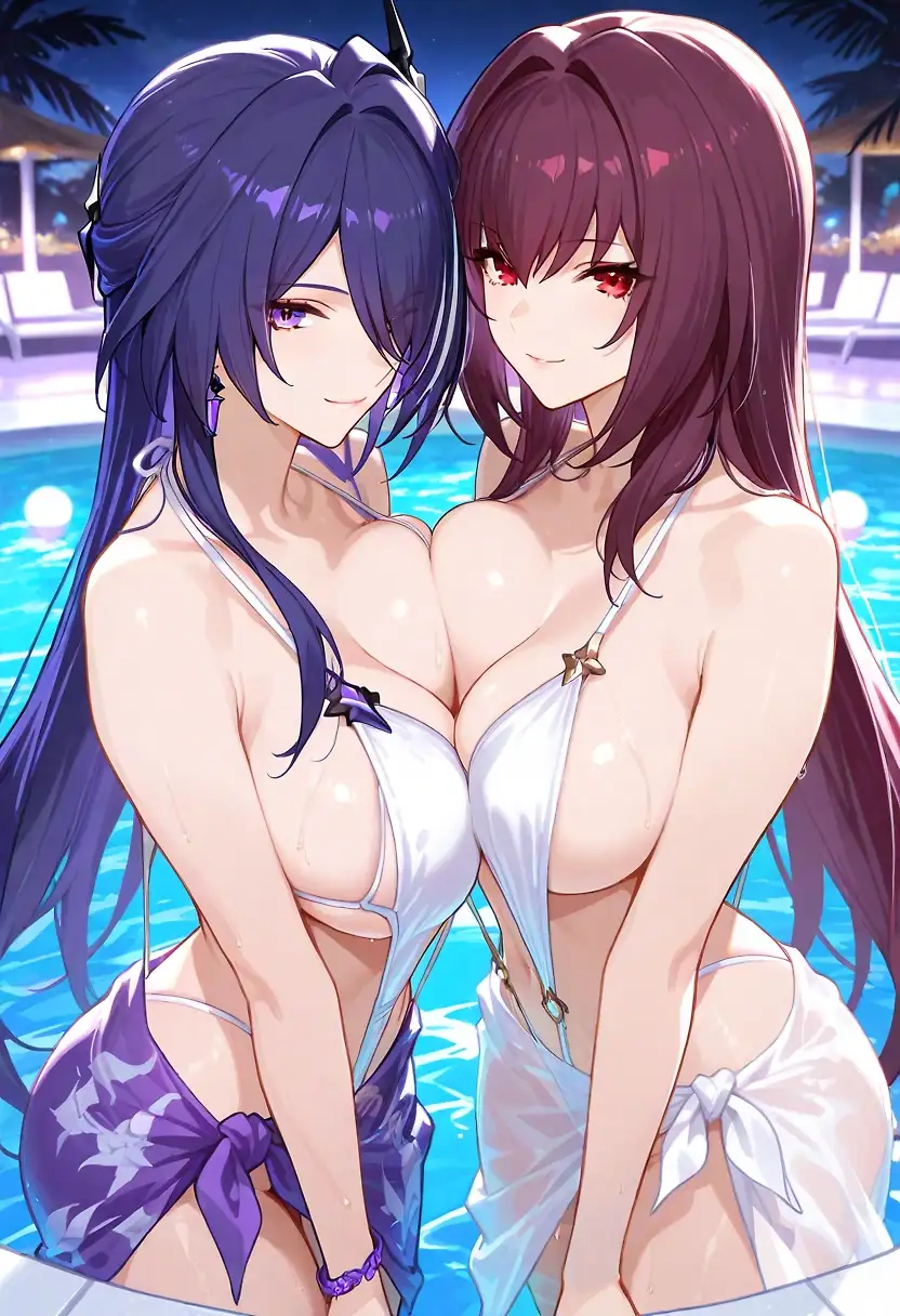 AI art 'Scathach & Acheron midnight pool'
