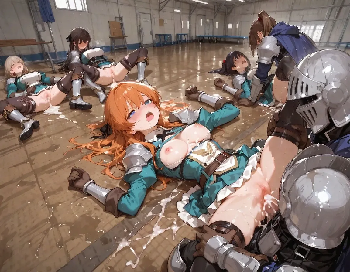AI art "Corporal Punishment" with user description "The new all-female recruits were caught slacking off and messing around while cleaning the training hall. Believing that only a strong hand can instill the values of hard work and dedication, their knight instructor brought a trusted friend to teach them some discipline.

As the late afternoon light floods the hall, the recruits are left breathless and marked on the still wet floor. The knights, satisfied with their work, believe that this punishment will serve as a reminder of the importance of duty and obedience.

(prompt hidden – image was generated through multiple steps using manual editing and reference images)"