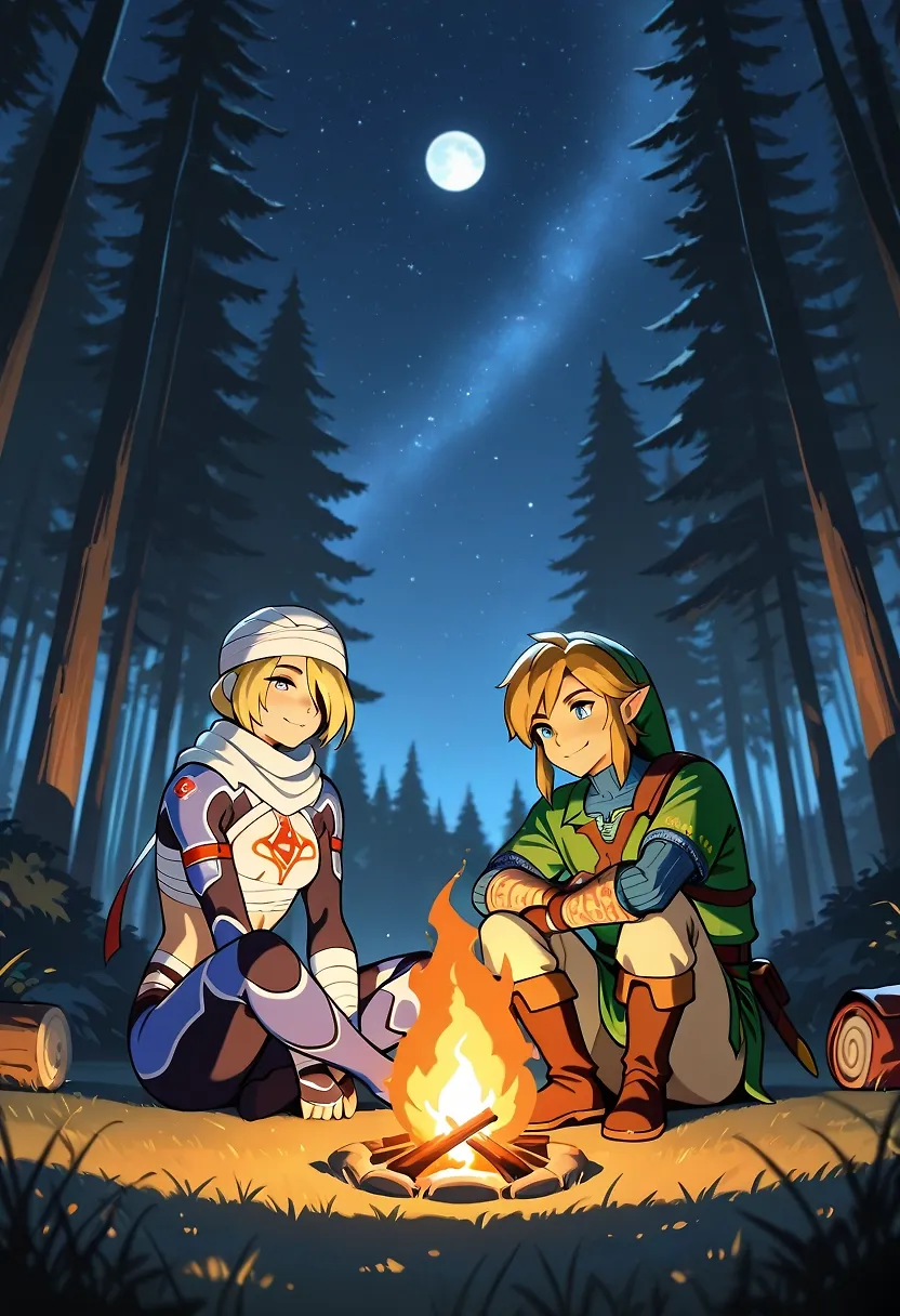 Link and Sheik camping in the forest