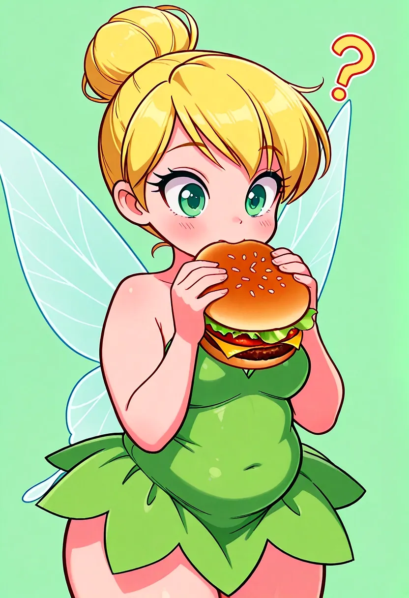 AI art "Tinkerbelle likes to eat" with user description "What’s wrong with a chubby fairy?"