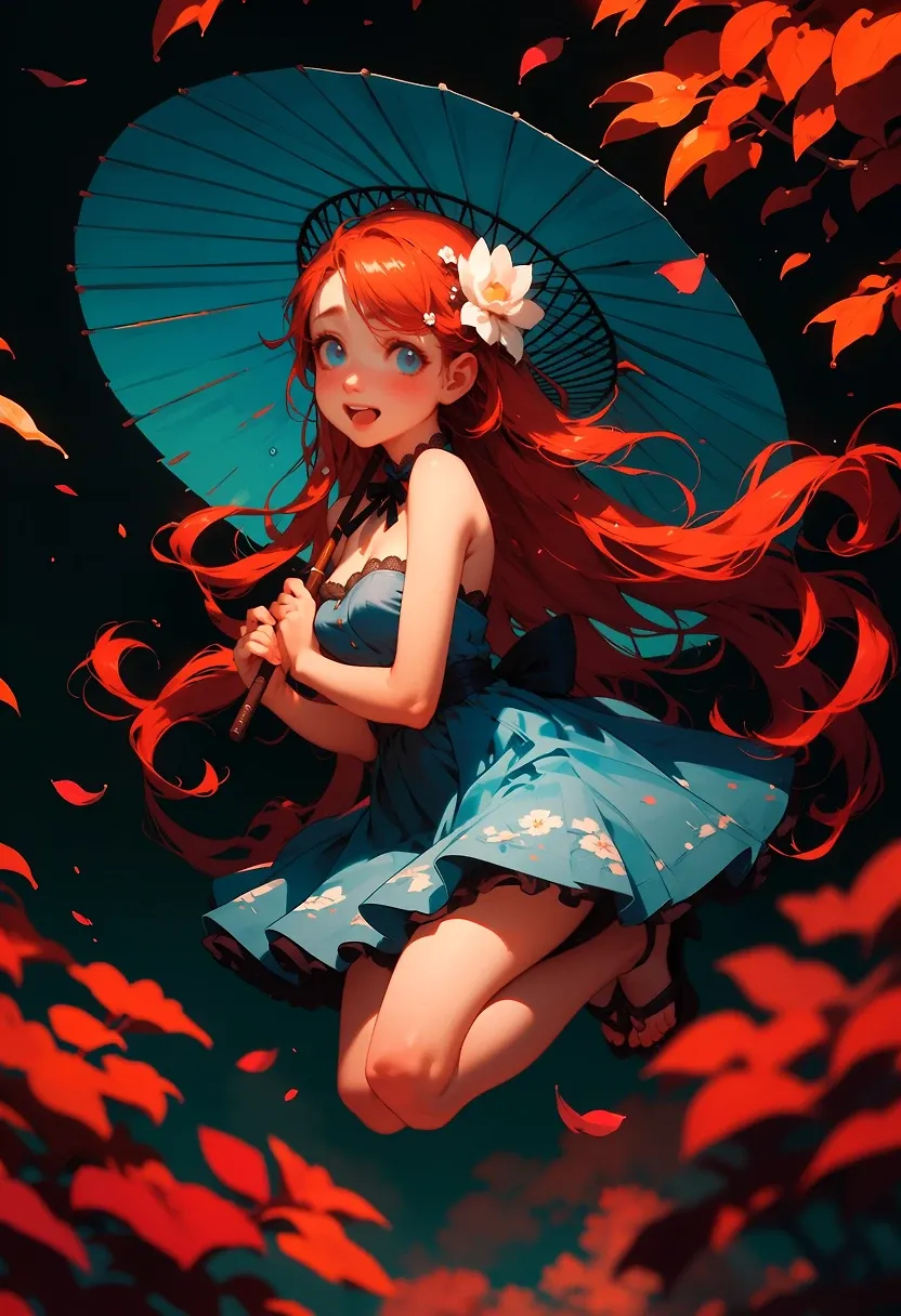 AI art "Red M frolicking in the Autum leaves"