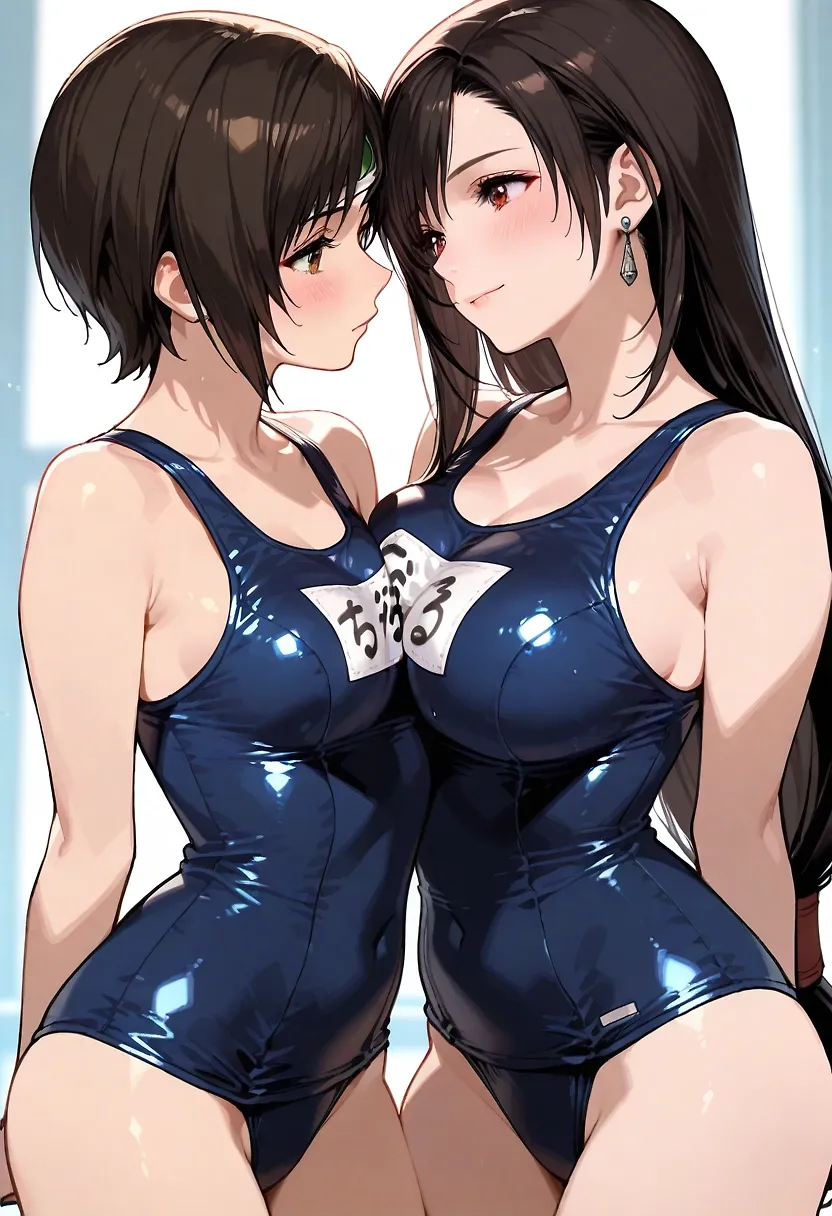 AI art "ティファとユフィとスク水と"