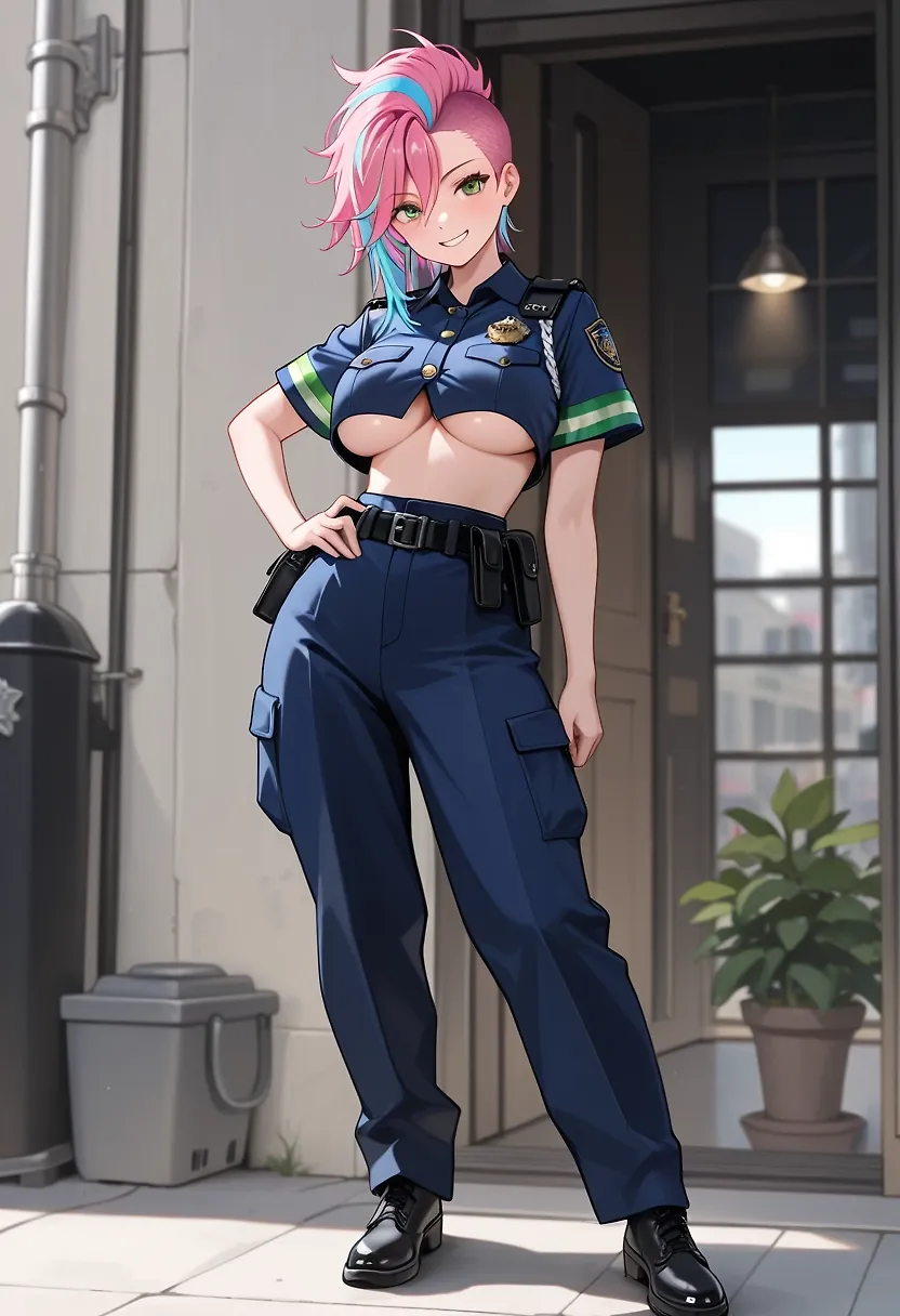 AI art "Sera in Blue 🚨" with user description "Thanks to @reptorn for his post: Bad Girls in Blue 🚨
After seeing it, Sera wanted to join the police too, and she was incredibly excited when she got her uniform. But she was a little shocked by how much skin it covered, so she adjusted it a bit to suit herself.
Her coworkers loved it, but in the end, she still got in trouble with the chief, who wasn’t too happy about it.
(Well, at least not officially—unofficially, he seemed more than pleased.)
When Sera got her first assignment, many criminals didn’t get very far.

@gildenstein @hollenwulf @octavian @peterco
@warmicestudios @casca_kirei-onna @heihund
@bad77 @a_casual_prompter @parda @terror2
@goobygubby @cro_bo @varcolac @smut317
@narillia @zerogroupe21 @saltymajor778 @zesoul @reptorn"