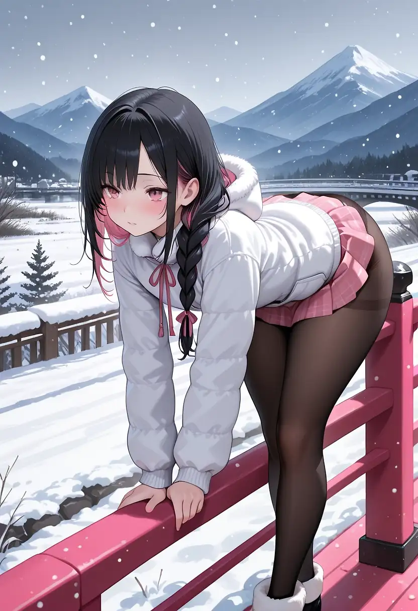AI art 'Winter time with Femboy' with user description 'Summer is too hot right now, maybe looking at a cute femboy in the snow will cool it off? 

If someone wants to suggest a name for this character I might use it in the future. I don't wanna keep calling them Femboy but can't think of a name. I like to think of them as feminine but not fully female identifying, but also not just a crossdresser or Otokonoko. Somewhere between a tomboy and a femboy lol'