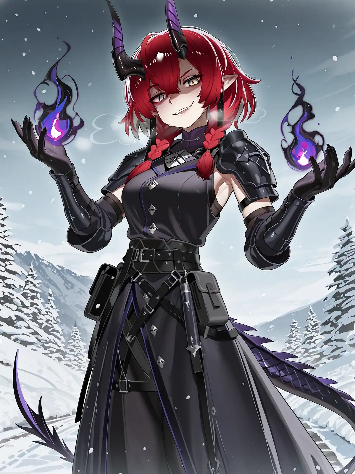 AI art 'Dark Ascalon' with user description 'Not gonna lie, I have never played Arknights, but I really like their character designs. I always thought Ascalon would look rad as a draconic, dark magic viking warrior'