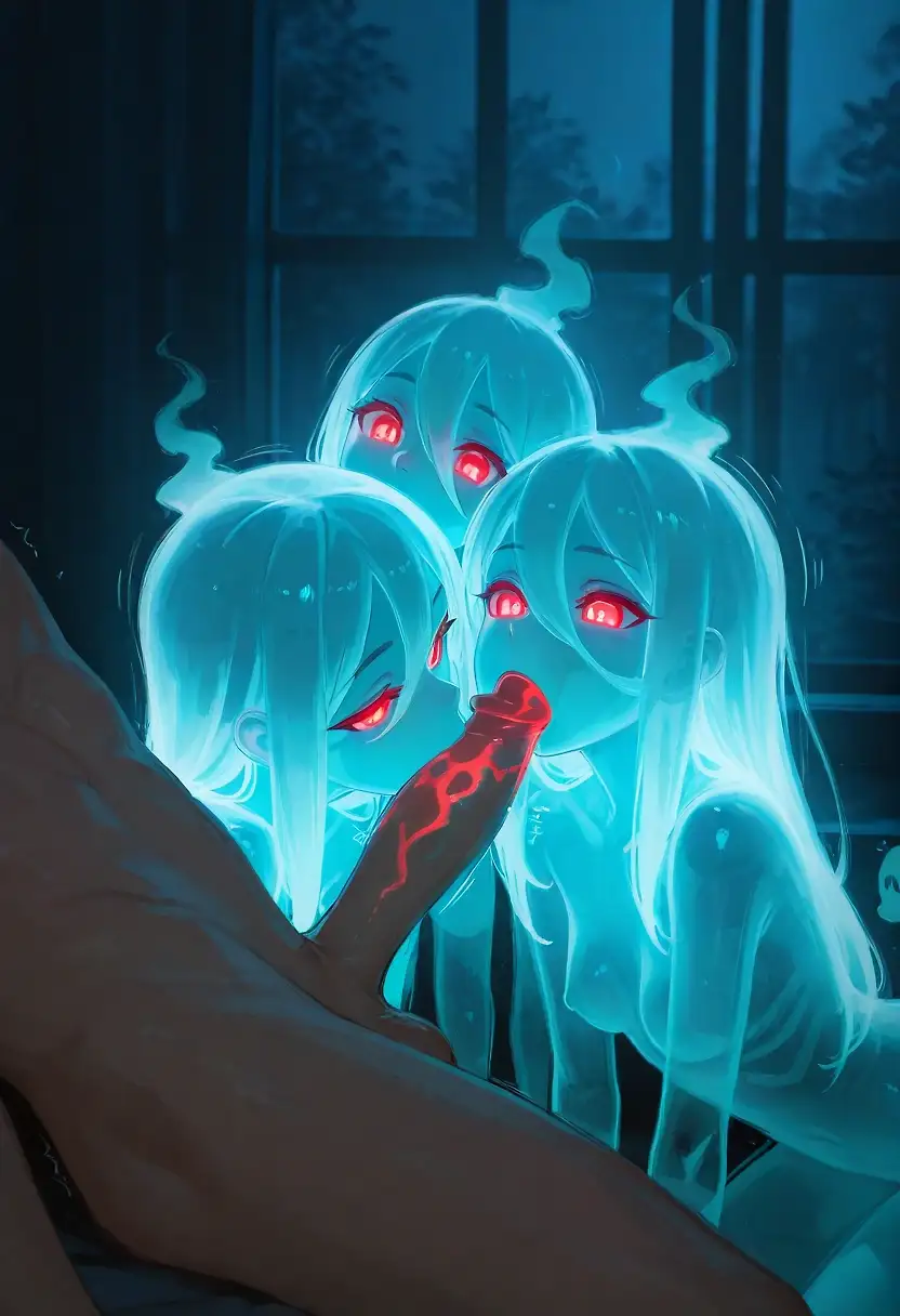 AI art 'Pt 2: ghostly bj' with user description 'As requested. But it seems he's working to hard. Might become a ghost himself at this rate.

Enjoy. More to come.'