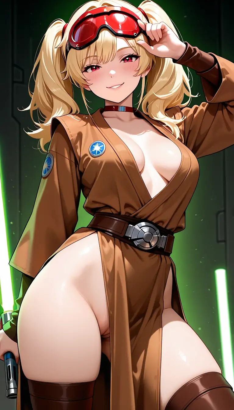 AI art '​Cherry Bomb: The Force is Loud. May the 4th' with user description '"I know what you're thinking. 'Cherry, a Jedi? You’re way too chaotic for the robes and the meditation.' And honestly? You’re right.
​I’m not here to sit in a circle and talk about balance. I’m here because someone needs to be the spark that lights the fire under the Empire’s feet. If the Force is an energy field that connects everything, then I’m just the high-voltage glitch in the system.
​My lightsaber isn't for show, and my 'peace' comes only after the smoke clears. So don’t ask me about the Code. Ask me how it feels to cut through the darkness with a blade that burns as bright as I do."
​Cherry Bomb: (Spinning her lightsaber, the hum of the blade vibrating in the air, her smirk reflecting in the glow) "They told me to find my inner calm. I told them I’d rather find the detonator. Turns out, you can do both. Ready to see what happens when a Jedi stops playing by the rules?" @warmicestudios @peterco @zuzul @parda @dreamerofdreams'