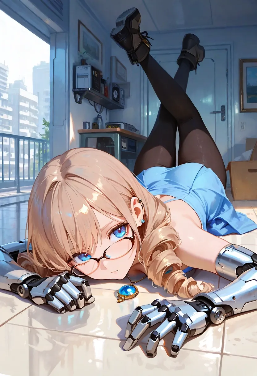 AI art "How does this feels like?" with user description "After the long recovery time in the hostipal Hana is happy to have some privacy. She can't wait to try out her new toys... ahhhh i mean her new arms... π
"