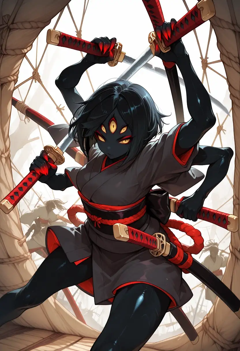 AI art 'Swordswoman' with user description 'AI: Okay, so like...you want her carrying two swords? Maybe...four, with two sheathed?
Me: No. More. Start with ten and we'll see from there.
AI: But...she doesn't have enough arms to hold that many?
Me: Perhaps you didn't hear me. I said ten was the starting point.
AI: But...
Me: Then give her more arms. I don't know. Figure it out.'