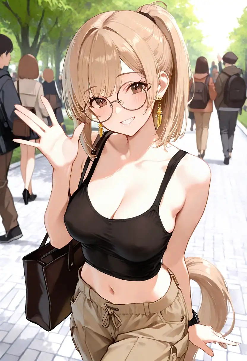 AI art 'Pony tail? Ponytail?' with user description 'Finally, I had this date with her. Work usually keeps us apart, so I especially cherished this rare time together. She wore a sexy little tank top, her smile captivating. She listened attentively as I talked about my work frustrations and encouraged me wholeheartedly.
Suddenly, she took my hand and pulled me deeper into the park.
She led me to a secluded spot shaded by green trees and bushes. She opened her clothes, revealing her fair, sexy skin, and whispered, “I miss you so much, really miss you.” She leaned in, her warm tongue intertwining with mine. One hand slid down to caress my crotch, her breathing growing heavier.
My lower body was being serviced by her warm mouth, so pleasurable that I forgot all my troubles.
We started making love in the grass.
“Doing it under the tree… feels different,” she said.
I knew she liked it from behind… I quickened my thrusts. Her orgasm came quickly, her pussy contracting tightly around me. I couldn’t hold back either and came inside her, filling her with thick cum.
We sat embracing under the shade of the tree, our breathing still heavy, our body heat mingling. Although this date was bold, it brought us even closer.'