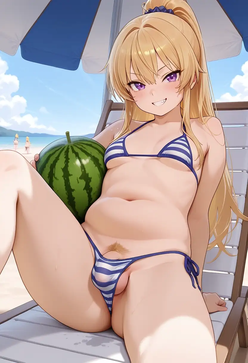 AI art 'Nono-chan at the beach' with user description 'Poor thing forgot sunscreen. But she still insisted on jorking'
