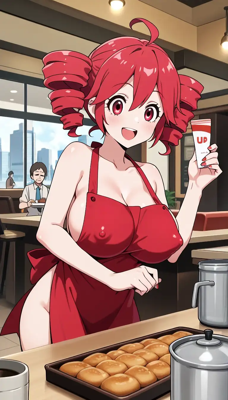 AI art 'Teto working in a cafe in a Nude Apron' with user description 'Kasane Teto working at a cafe wearing nothing but an Apron to bring in extra money outside of her concert performances.'