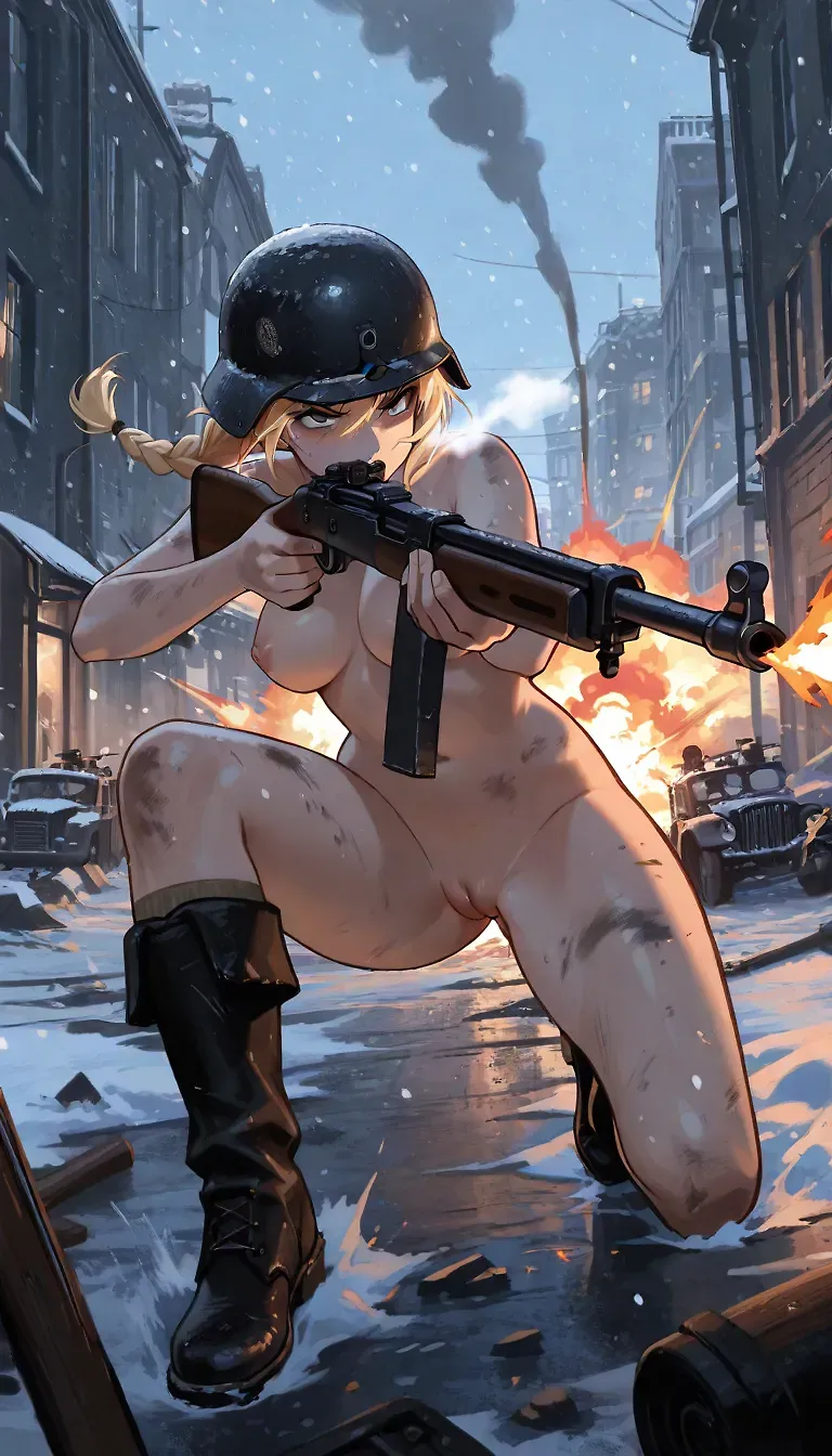 AI art "WW2 retold" with user description "Just some more experiments with now-allowed weapons ⚔️🪖
Battle of Stalingrad, December 16, 1942
Battle of the Bulge, December 16, 1944"