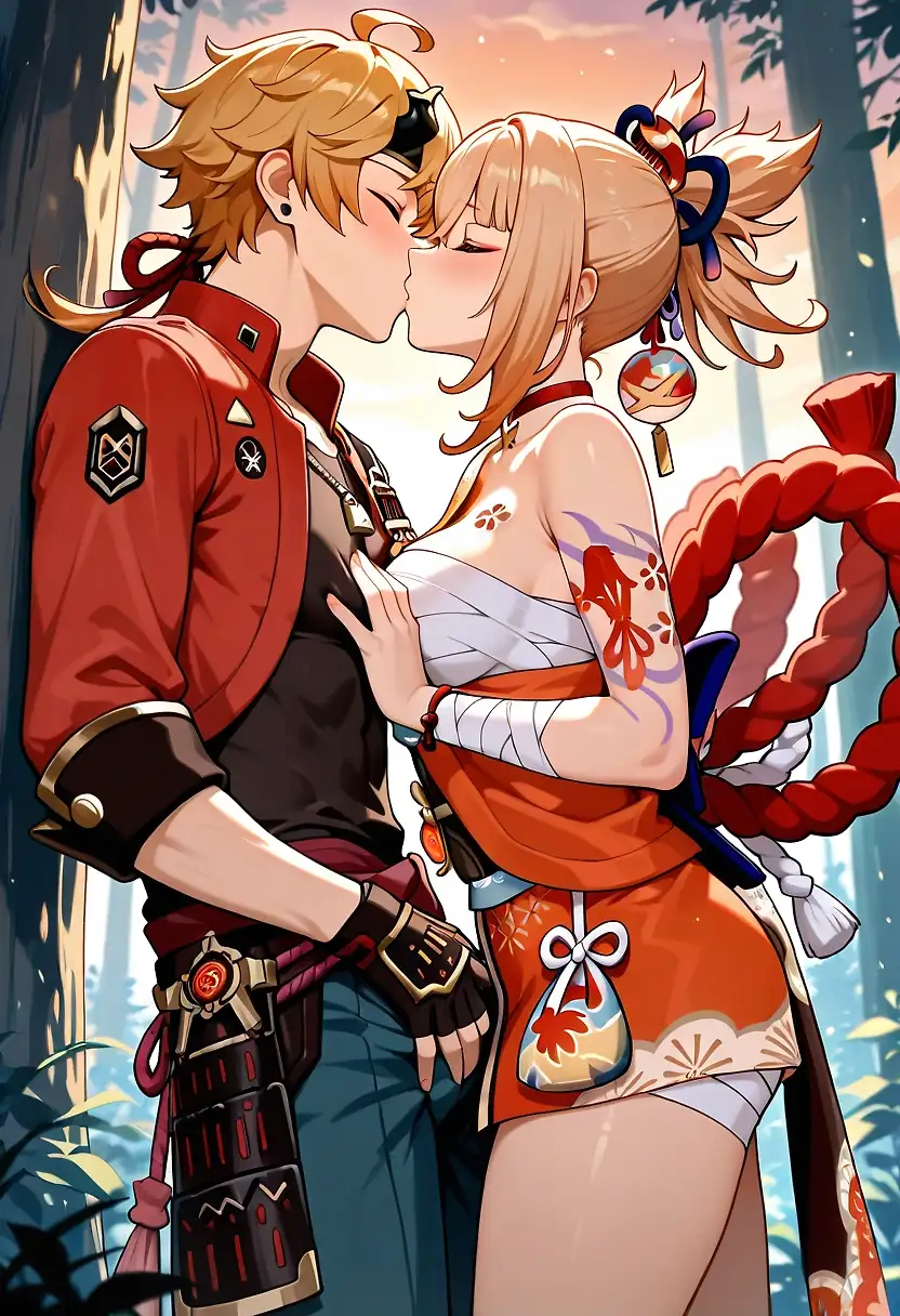 AI art "Thoma and Yoimiya in the forest"