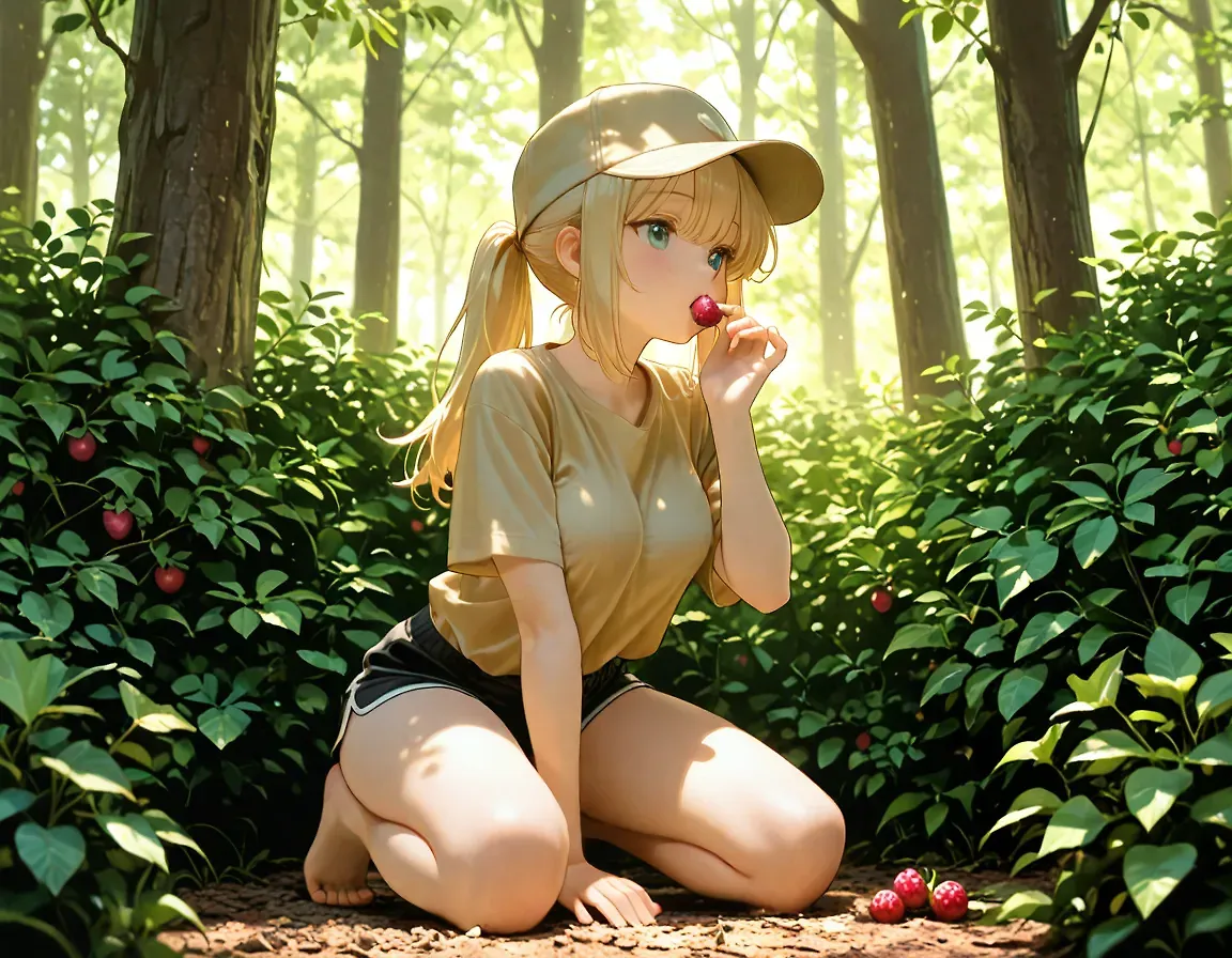 AI art "Running right through her" for prompt: "in forest, khaki tshirt, black shorts, khaki hat, medium breasts, blonde ponytail, kneeling in front of a berry bush, reaching for bush, eating a berry"