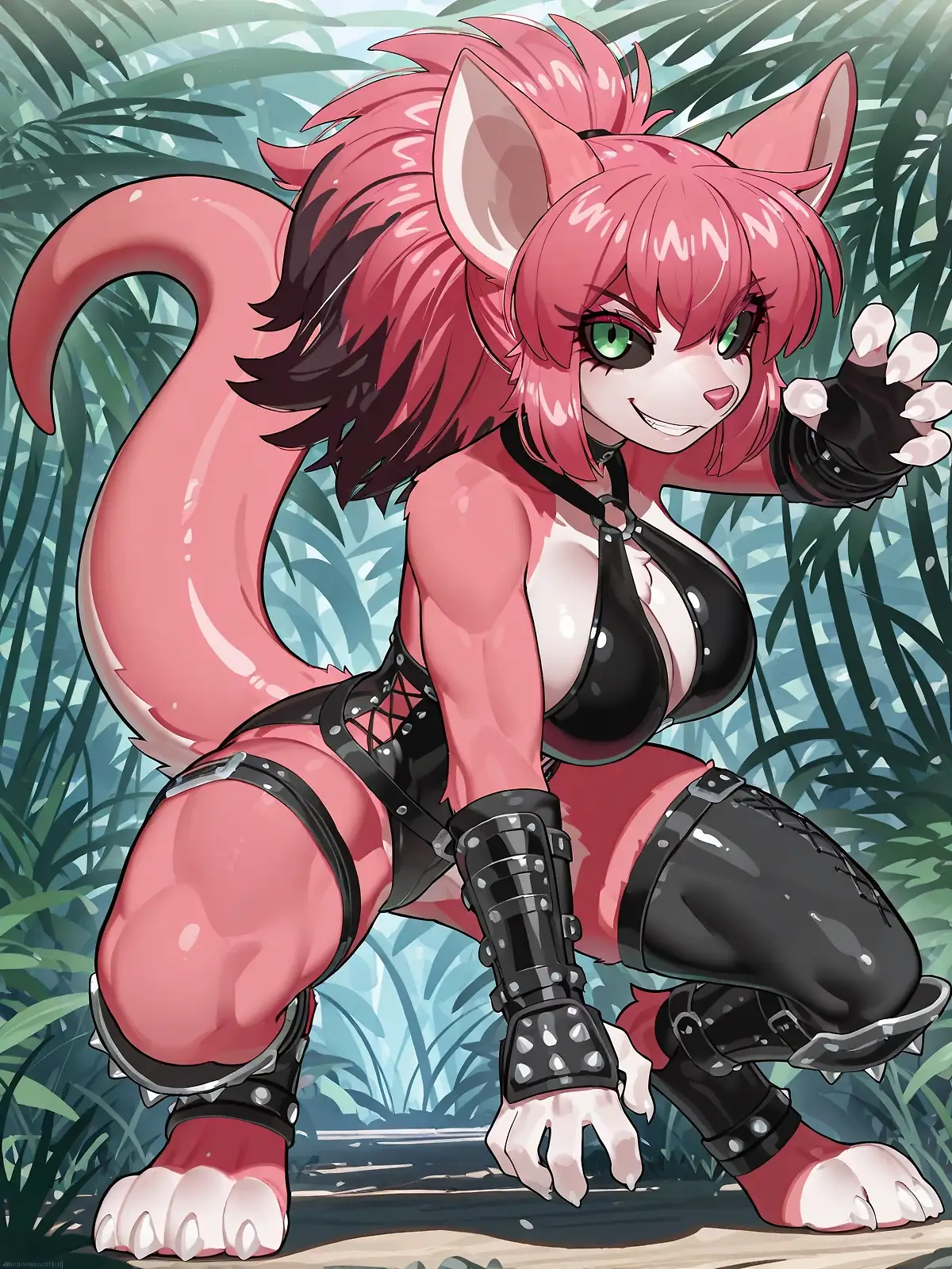 AI art 'Aliens of Rel Torr: Nivit' with user description 'Been a hot sec since I dropped a new alien species. These lil cuties are the nivit! They are native to the jungle moon of Rel Torr and tend to be a bit more feral than the other humanoid denizens. Nivit are adept survivalists, preferring to live mostly within the jungles, though that's not to say that some of their number eventually make their way to the cities and integrate. Nivit stand anywhere from 3'08" to 4'10" on average and their fur can be many wildly different colors. Their eyes are uniquely attuned to the dark, granting them the boon of extraordinary night vision. Despite their small size, they are surprisingly strong, capable of moving objects many times their own weight. It should also be noted that nivit are extremely... playful, due to most of their individual cultures heavily promoting reproduction.'