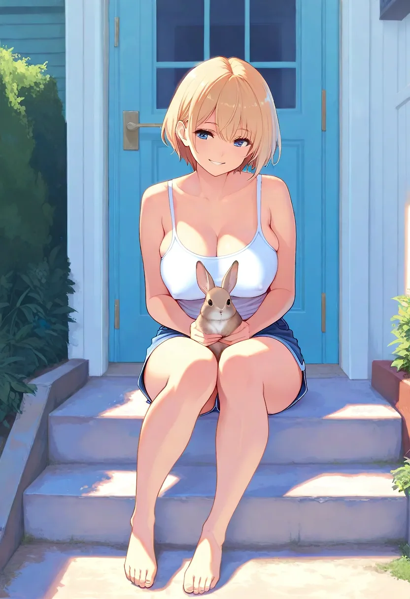 AI art "Bunny Girl" with user description "Kathy was a good friend and a cute girl. A little ditzy, but that was part of her appeal. Kathy just adored bunnies, couldn't get enough of them. As you can see, she always liked to have a bunny with her when she was chilling at home."