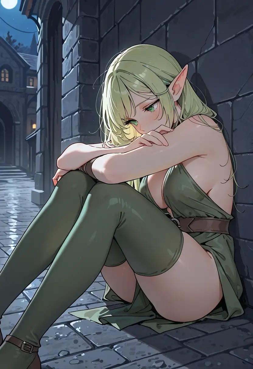 AI art 'Lonely elf' with user description 'She is sat waiting for a ‘friend’
(Also just testing some styles)'