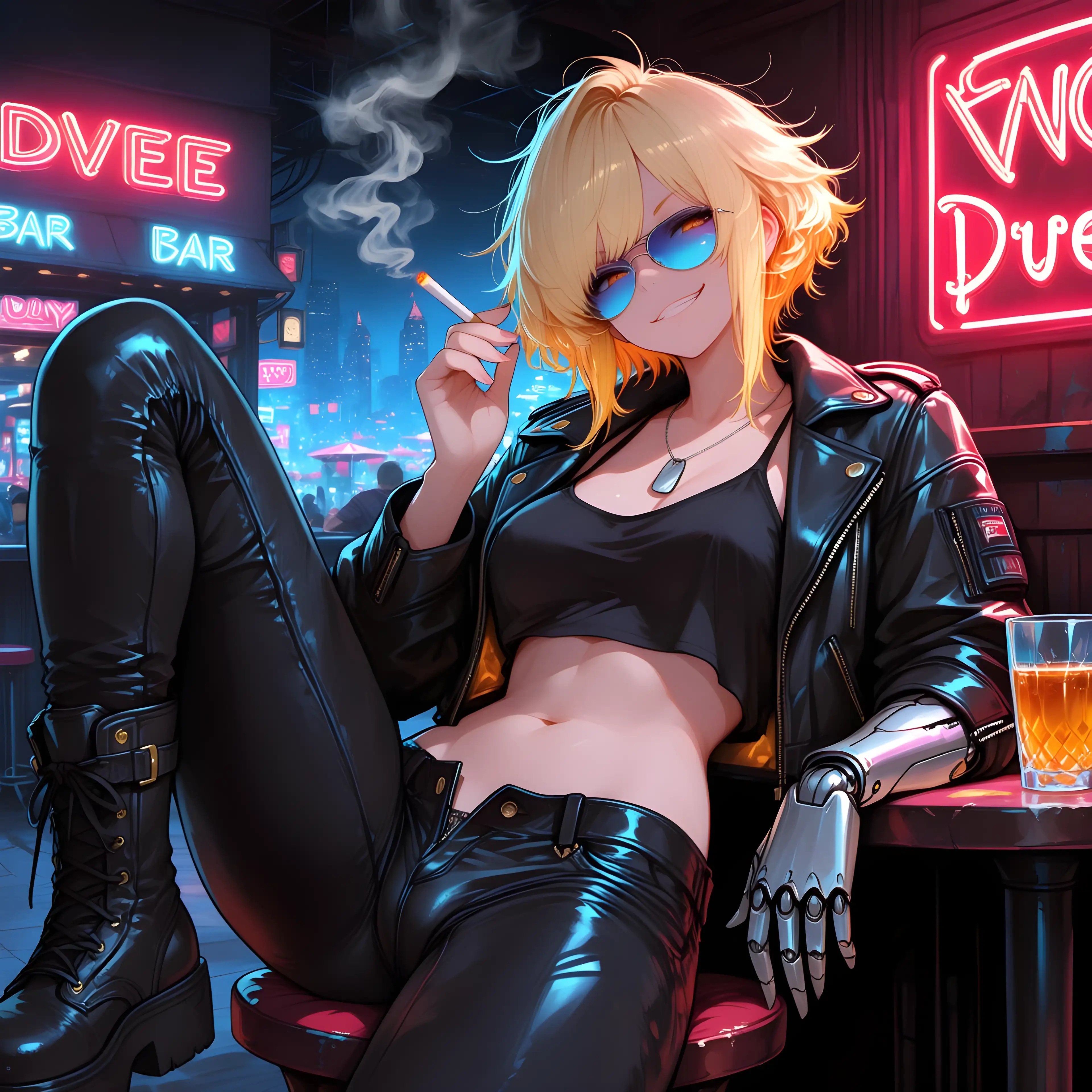 AI art 'A Trouble Supreme 😎🔥' with user description 'Chrome, leather, neon and enough attitude to make the whole city nervous. She does not care about approval, dignity or whatever the machine expects from her.

She has a cold drink, a burning cigarette and that smile that usually appears shortly before something expensive gets destroyed.

The night is still young, the music is getting louder and Jade is clearly ready to make some very bad decisions.

So… who is ready for trouble? 😎🎸🔥

@peterco @octavian @warmicestudios @smut317 @gildenstein @casca_kirei-onna @heihund @bad77 @a_casual_prompter @parda @terror2 @hollenwulf @varcolac @zerogroupe21 @goobygubby @cro_bo @saltymajor778 @zesoul @azariel @ririfake @poly7 @narillia @artfx85'