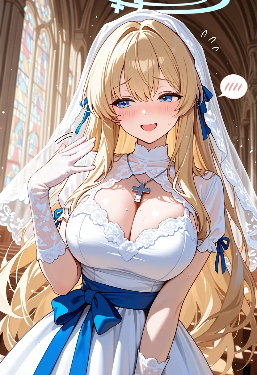 AI art "A Date With Merci" with user description "Today’s date partner is the kind and heavenly Merci.  The local cathedral has a very peculiar parishioner, a girl bestowed with a bright blue halo who seems to spend most of her free days tending to other people’s needs.  Her’s is a shoulder safe to lean on.  Secrets shared are kept secure and private.  Confessions heard, blessings given, advice dispensed, hope instilled, worries soothed.  Such are her daily burdens.  But who is there to hear her secrets or soothe her worries?  Who can she confide in, at the end of a long day of mental strain?  You, perhaps?  Will the girl who meets every hardship with a smile dare to show you her true feelings?"