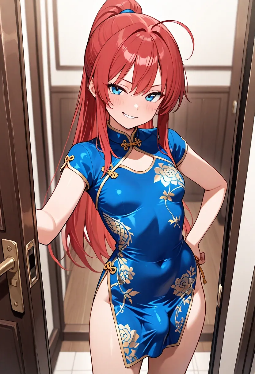AI art "Introducing Akane Futaba" with user description "Akane Futaba is:

Age: 23

Likes: Rough sex (she's more into receiving), eating good food, bondage (still experimenting with photos)

Dislikes: Weak men, wearing heavy clothing (sweats a LOT), casinos, and watching TV.

Character traits:

Blue eyes and straight red hair. Her weight fluctuates a lot. 

Large to huge penis with foreskin that sometimes has a bit of smegma. 

Large balls. 

She tends to be hairy. Lots of pubes, and sometimes / often sparse chest hair. If she's going out she will clean that up though. 

Futa with pussy (Similar to Nono-chan and Kurumi). 

She won't be to everyone's taste in all depictions. Currently trialing everything so that her weight struggles actually look... Believable but also explore model limits."