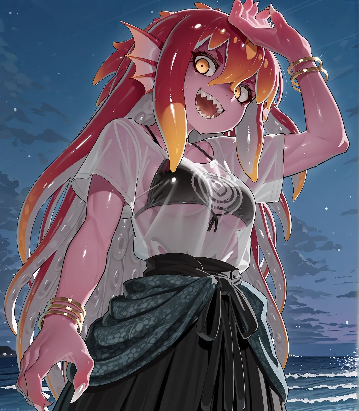AI art "Aliens of Tassith: Kwoir" with user description "The only deep water, amphibious humanoids on Tassith, the kwoir's origins are unknown. Many theorize that they are descendants of the swamp-dwelling garralok that evolved to thrive in deeper waters, but nothing in their ancestry supports the claim. Despite being amphibious, the kwoir are uniquely suited to life on land, as well as in the water. Their skin can store and recycle water for long periods of time and they possess hidden gills behind their cranial fins that can seal when above water. Though not terribly numerous in population, the kwoir are well-recognized by the other humanoids, as several prominent figures in the remaining cities of Tassith are kwoir. These figures include politicians, scientists, idols, and even criminal syndicate leaders. Kwoir are one of the most adaptable species on Tassith, but their slow maturation and life cycle tends to keep their population from getting very large. A typical kwoir reaches adulthood after roughly 80 years of life and can live to be almost 1000 years old, assuming they don't perish from unnatural causes. While not immune to kwaruss infection, the kwoir are naturally very resistant to such that which attacks their physiology, and can often keep the parasite from critical infection long enough to have it surgically removed. Thanks to this trait, the parasite has been able to be, "collected," and studied, allowing edani scientists to develop more and more ways to combat the scourge."