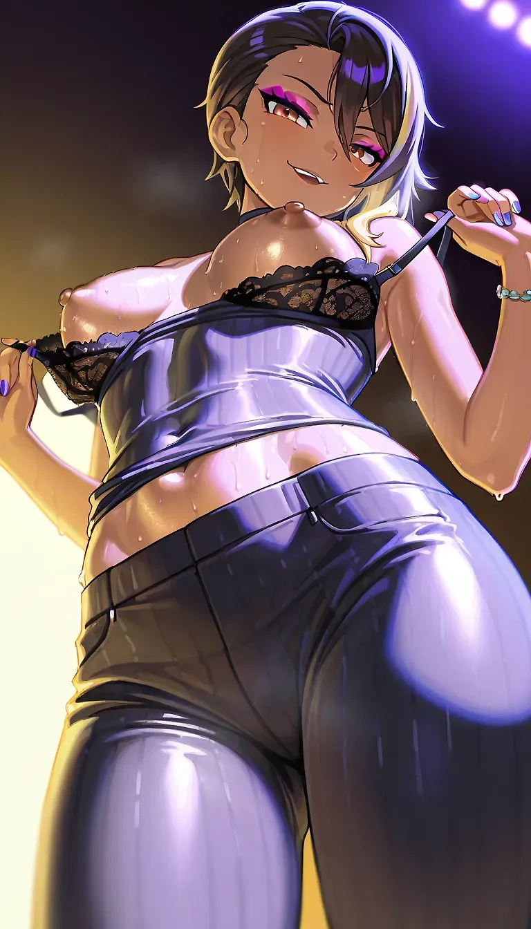 AI art "New OC needs a name..." for prompt: "Tall, 1girl, slim, dark skin, medium breasts part, long dark asymmetric hair, nipples, shirtless, taut dress pants, naughty face, seductive pose makeup, plack nails, jewellery, beautiful, side lighting, harsh edge lighting, pantsuit, pinstripe, lace bra, from below sweaty, shiney skin, removing bra, small areolas"