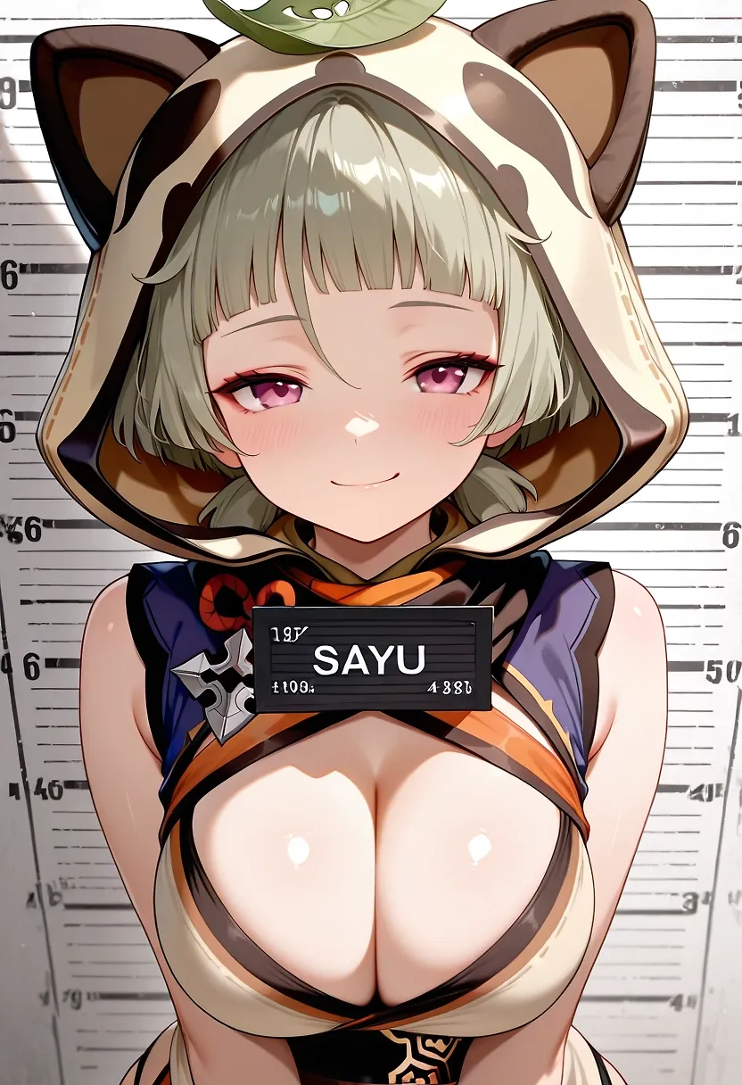 AI art "Sayu" with user description "So maybe you'll notice the name tag that wasn't on any other.
Couldn't do any thing about this, it literally come as a default with the mugshot prompt and most of the time the négative prompt dosn't work to get rid of it.
On average i used 40 to 50 credit to get the images i wanted for each girls.
BUT THIS FREAKING ONE IT JUST WOULDN'T WORK (sorry i'm piseed lmao)  (╯'□')╯︵ ┻━┻
I've wasted like 200/300 credit trying desperately to get this one but unfortunately.... (i don't even like the character that much to make it worse (╥﹏╥) )

Sorry for that one :/"