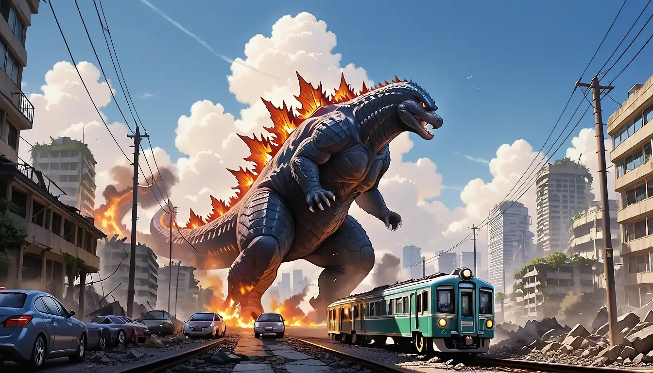 AI art 'Gojira run amok' with user description 'My favourite kaiju'