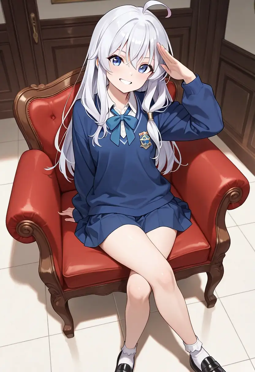 AI art 'Schoolgirl Salute' with user description 'Schoolgirl Elaina (Majo no Tabitabi) giving a salute'