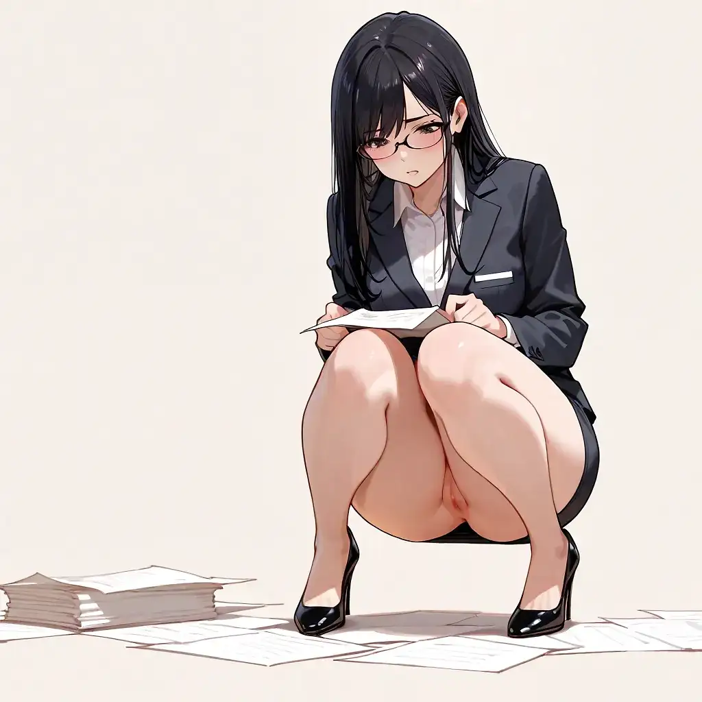 AI art 'No panties OL' with user description 'office lady, with face, front view, nervous face, glasses, blouse, carrying skirt, Upskirt, No panties, Shaved Vagina, Wide hips.'